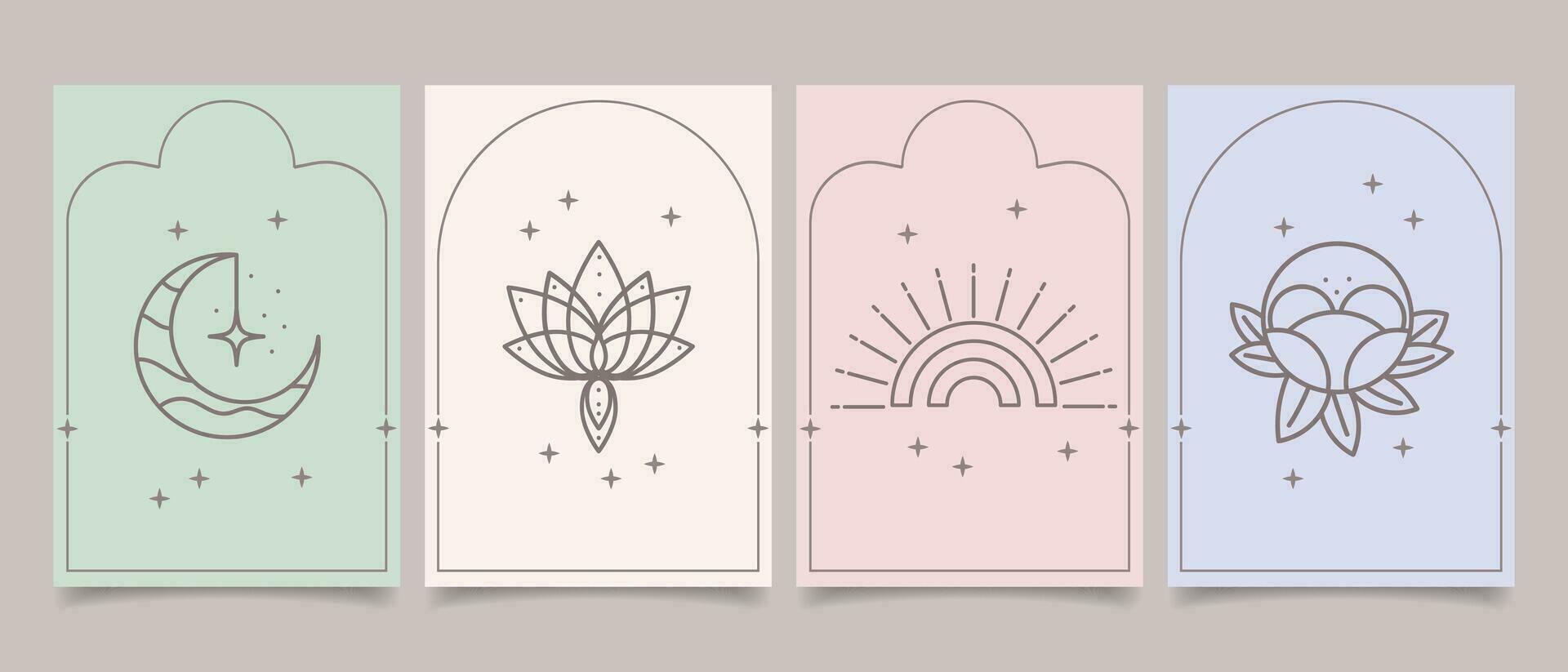 een reeks van esoterisch mystiek posters met geestelijk symbolen, maan, zon, sterren, bloemen. Sjablonen, tarot kaarten, boho stijl. vector