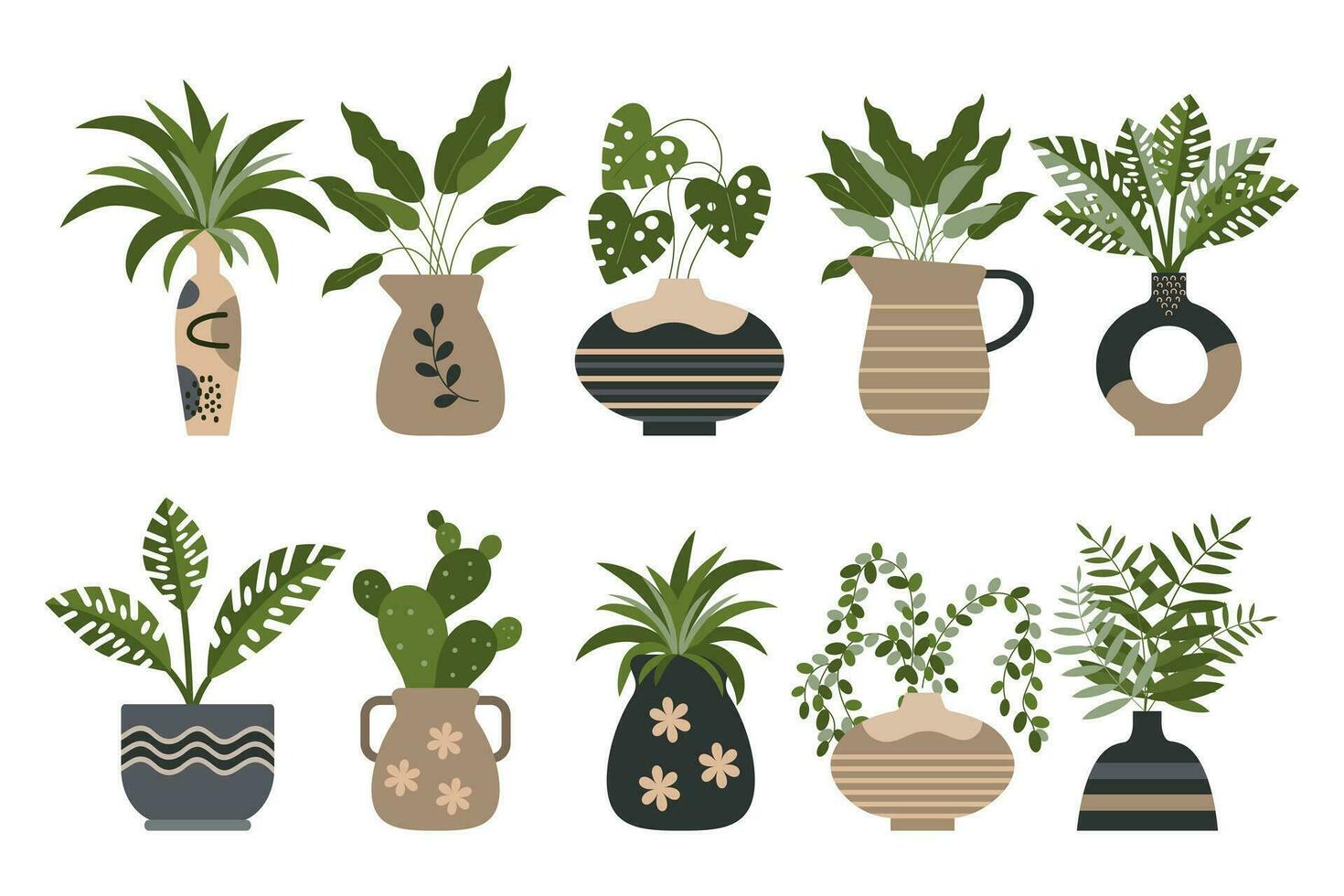 een reeks van binnen- tropisch planten in divers klei bloempotten. pictogrammen, plantkunde elementen, vector