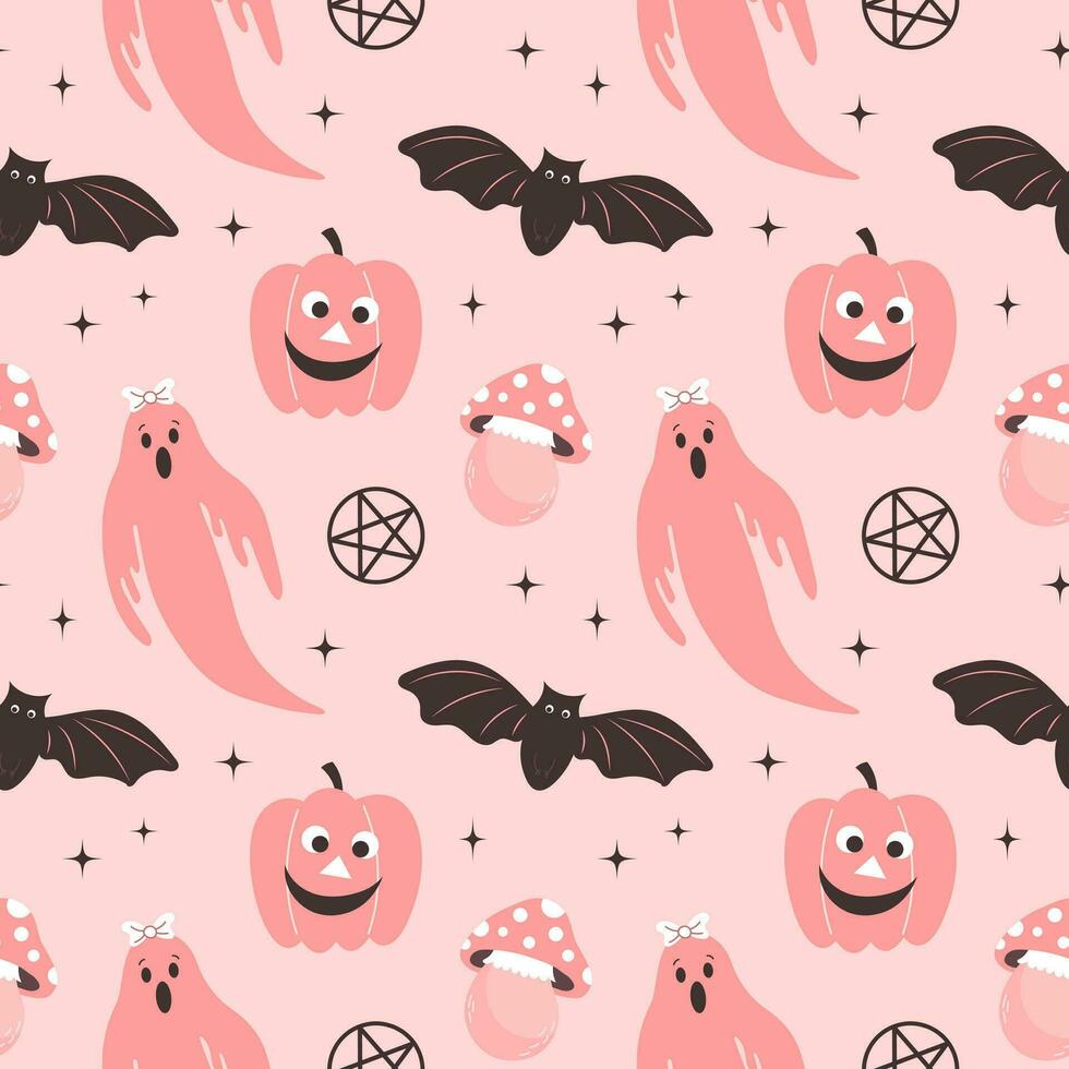 halloween roze kinderen achtergrond. naadloos patroon met schattig halloween elementen, geesten, pompoenen, vleermuizen en champignons. tekenfilm ontwerp in vlak stijl. vector