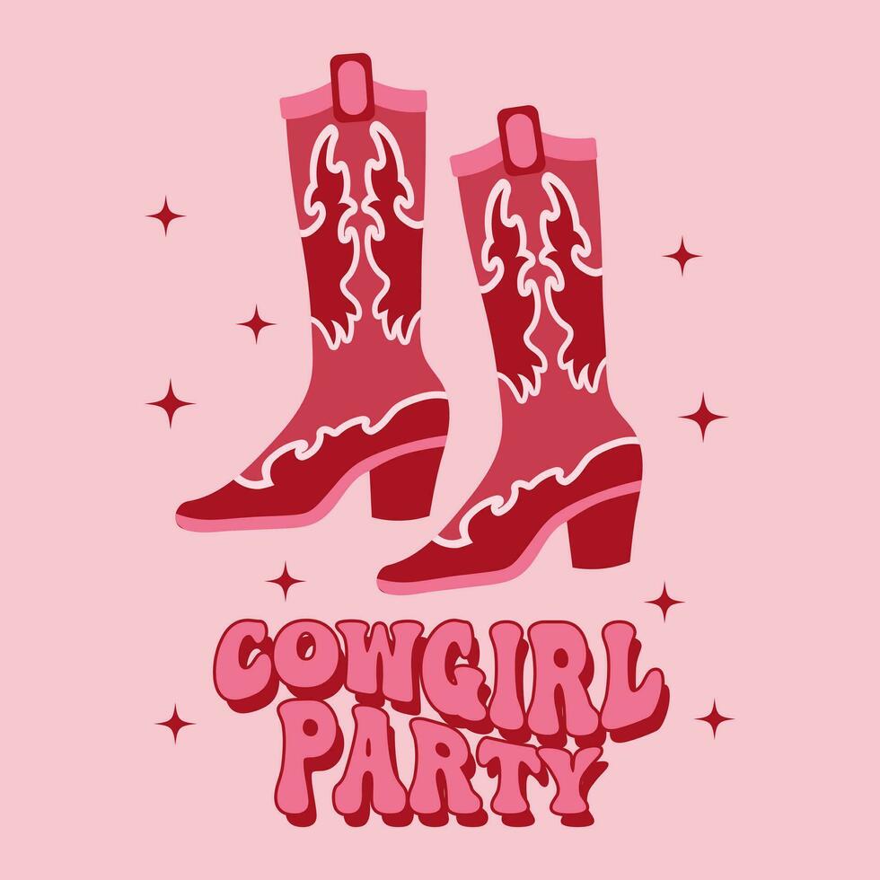 cowboy laarzen met ornament. roze western veedrijfster laarzen en veedrijfster partij tekst. illustratie. vector