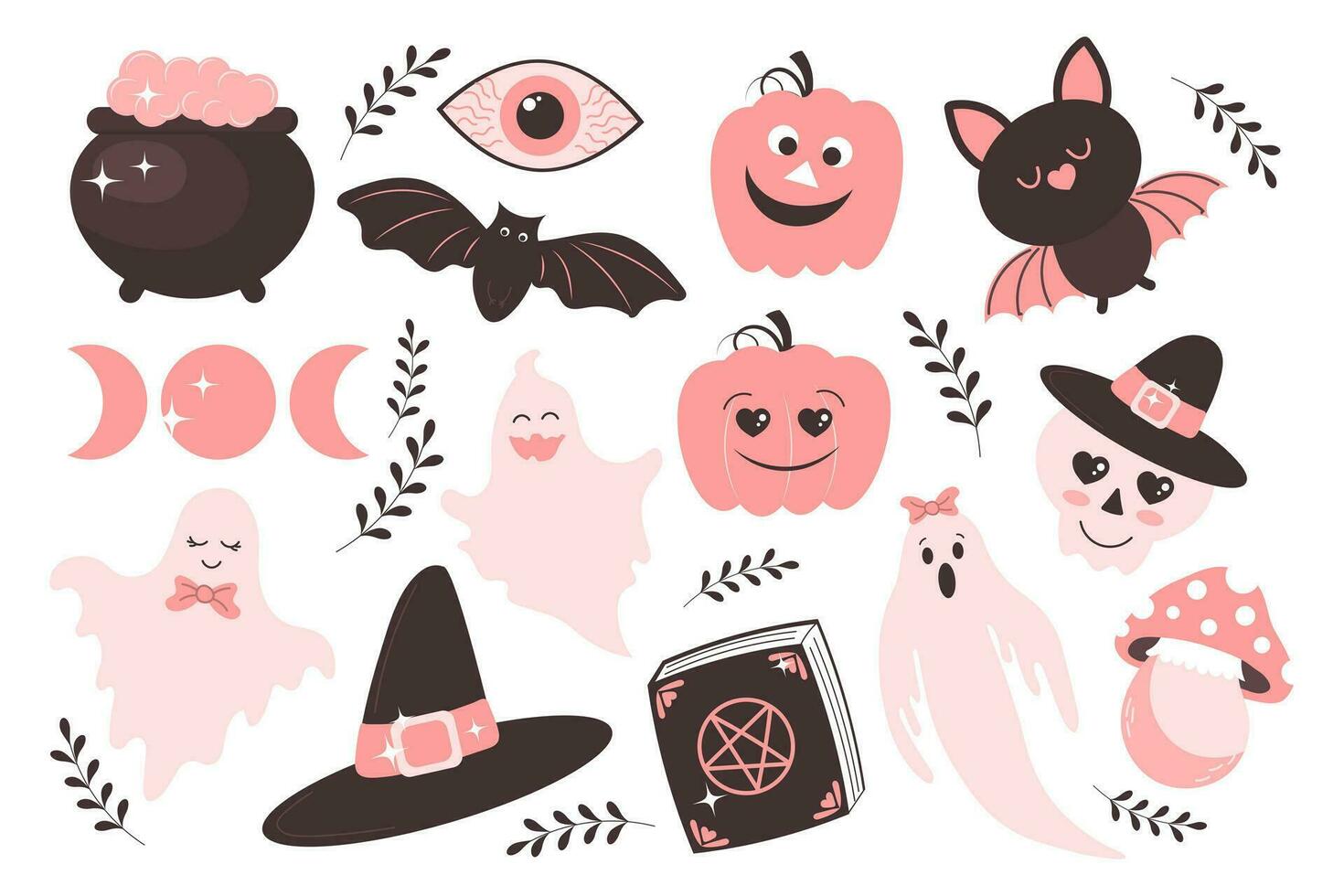halloween baby reeks met roze elementen. halloween stickers, geesten, vleermuizen, magie pot, maan, pompoenen, oog, boek en schedel. tekenfilm ontwerp in vlak stijl. vector