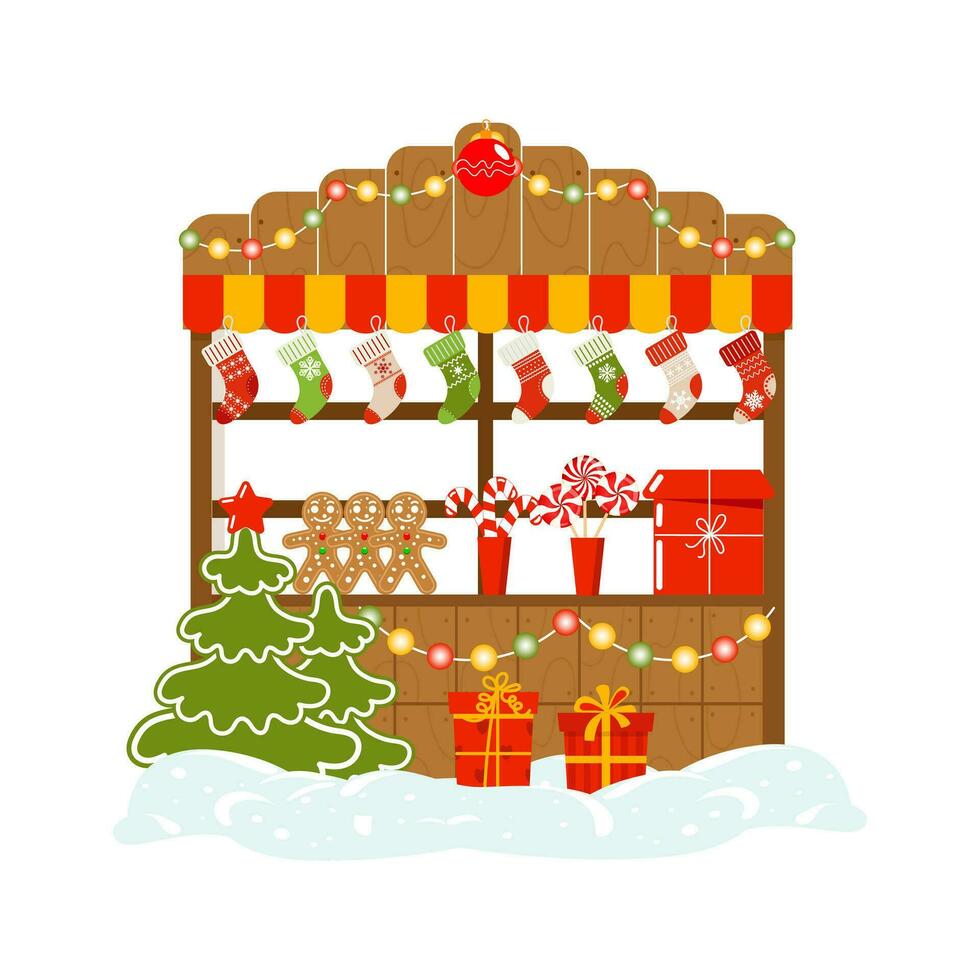 Kerstmis straat kraam in de sneeuw met geschenken, Kerstmis snoepjes, sokken en Kerstmis bomen. illustratie, ansichtkaart, vector
