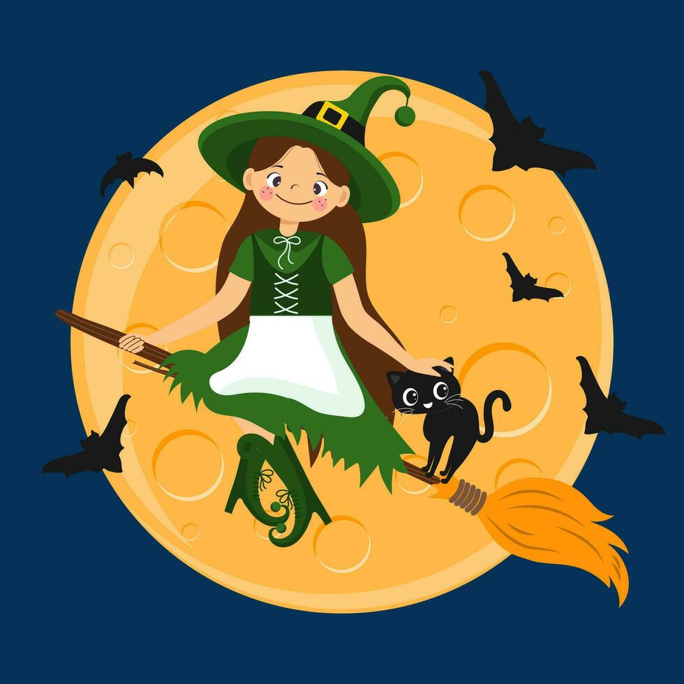 schattig heks meisje met een bezem Aan de maan, vleermuizen en geesten. halloween illustratie, kinderen afdrukken, vector