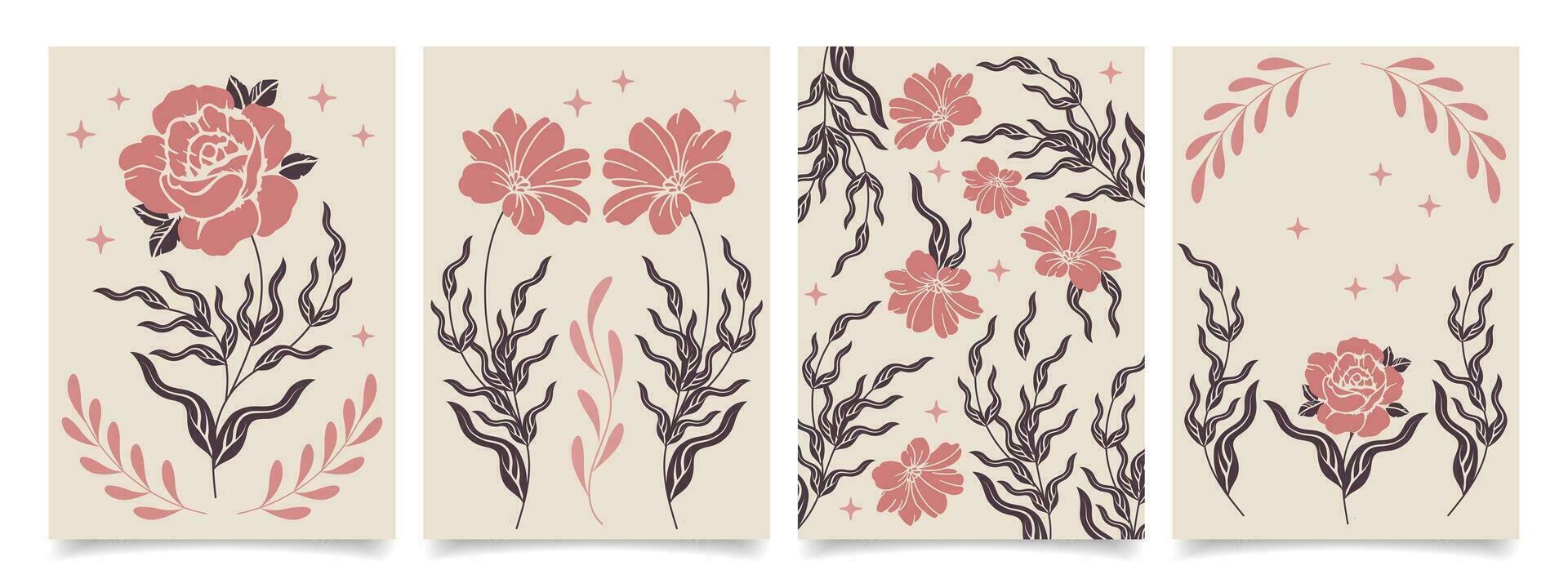 reeks van bloemen posters in boho stijl. verzameling van retro kaarten met mystiek bloemen. vector