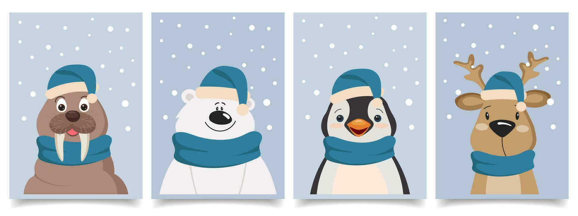 reeks van vier schattig weinig kawaii tekenfilm arctisch dieren vervelend sjaals en hoeden in de sneeuw. polair beer, reekalf, walrus, pinguïn. posters of ansichtkaart ontwerpen. vector