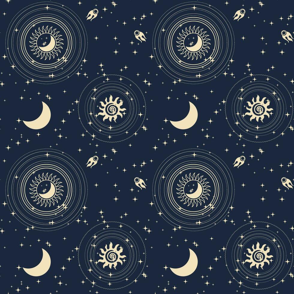 naadloos astrologisch patroon in boho stijl, gouden mystiek esoterisch symbolen van de maan, zon, sterren Aan een donker achtergrond. afdrukken, sterrenkundig achtergrond. vector