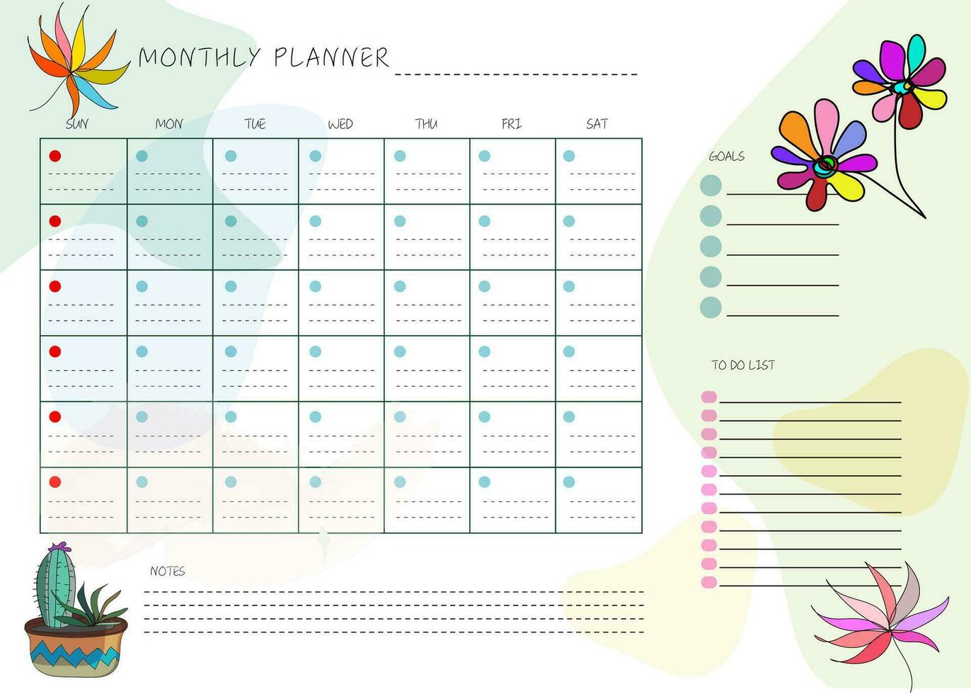 bloem hand- getrokken schoon ontwerp maandelijks plan en kalender sjabloon vector