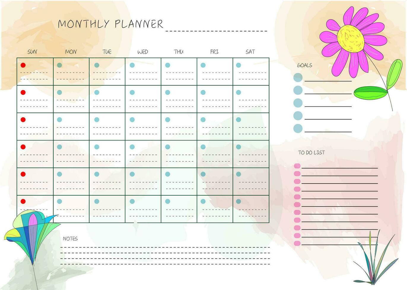 bloem hand- getrokken schoon ontwerp maandelijks plan en kalender sjabloon vector