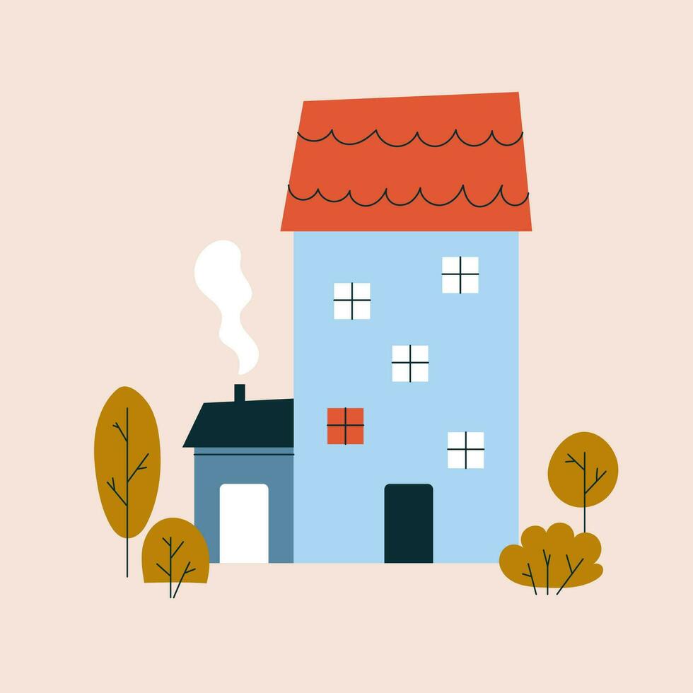 schattig appartement huis met een rood betegeld dak in een Scandinavisch stijl. land woon- landgoed, huisje of villa omringd door herfst planten in vlak stijl. vector voorraad illustratie in vlak stijl.