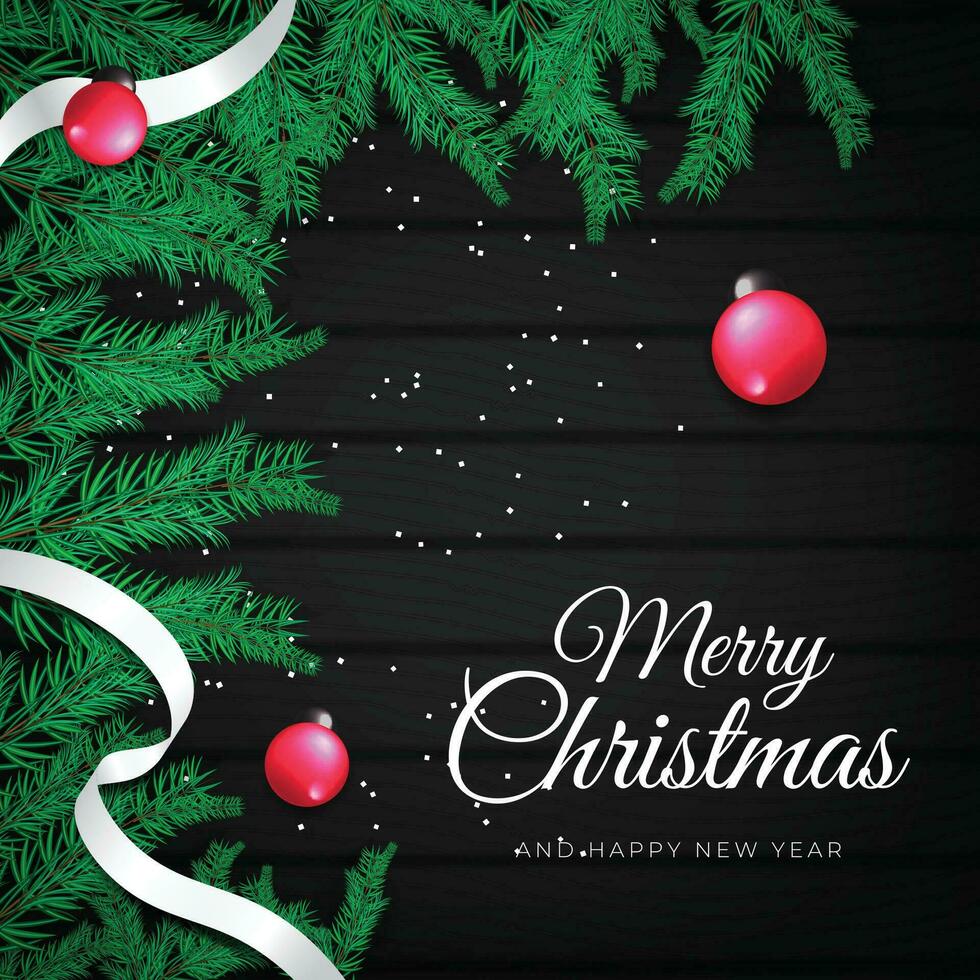 vrolijk Kerstmis een gelukkig nieuw jaar groet vector illustratie met boom takken, linten, en confetti Aan zwart houten achtergrond