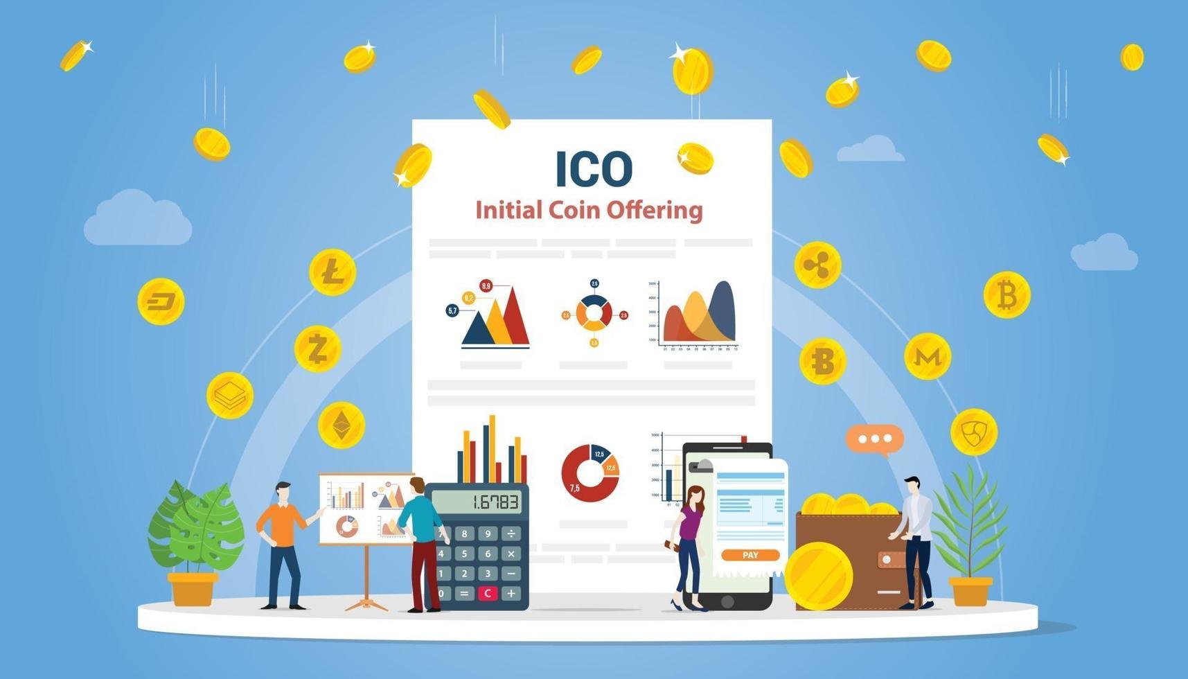 ico initiële muntaanbieding concept met mensen en bedrijven vector