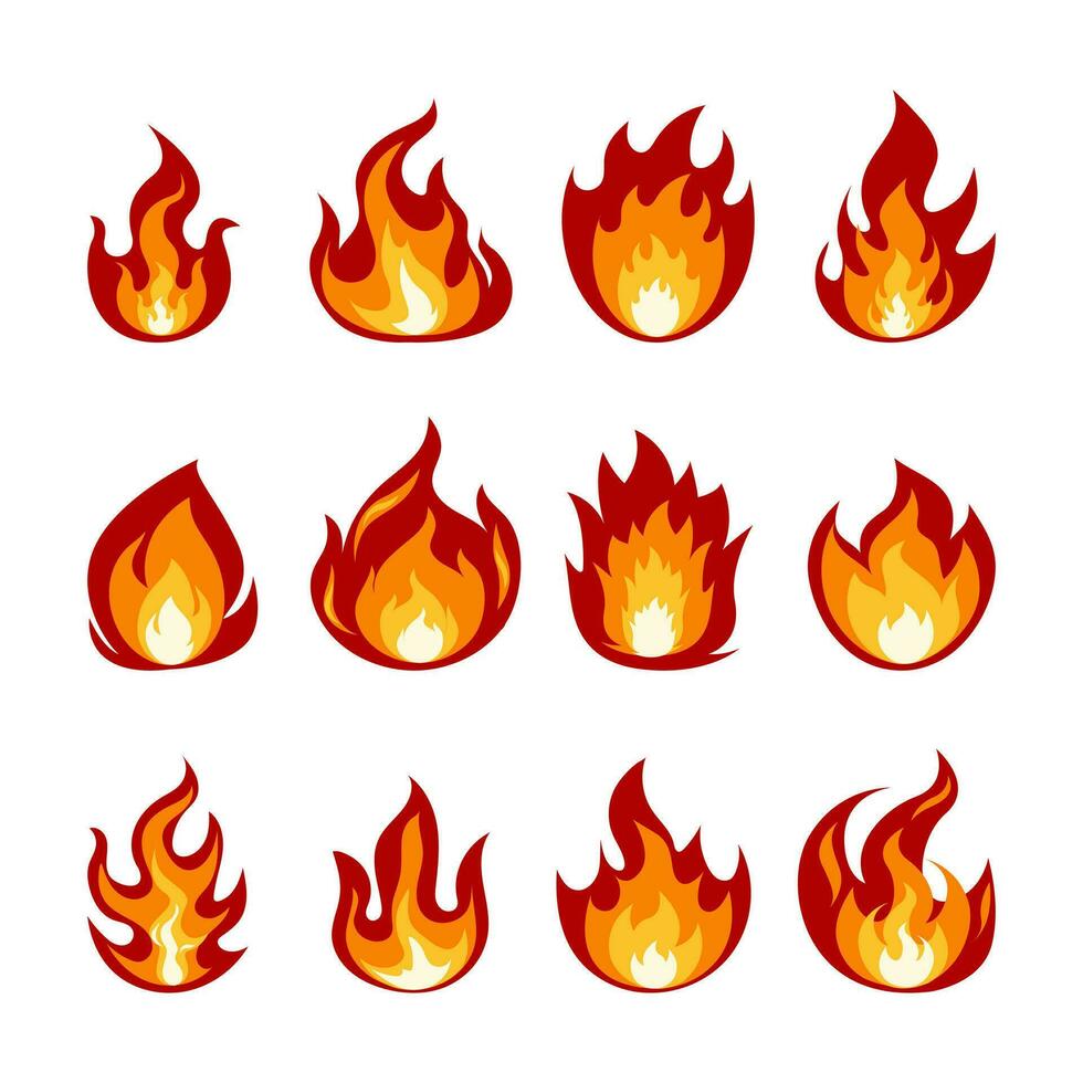 brand vlammen tekenfilm reeks isoleren Aan wit. vector vreugdevuur van verschillend vormen