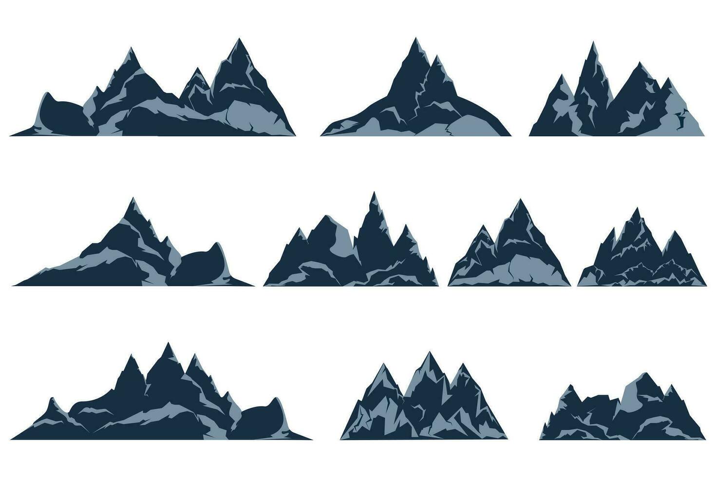 rots bergen vector set. berg rotsachtig pieken van verschillend vormen vlak tekenfilm silhouetten