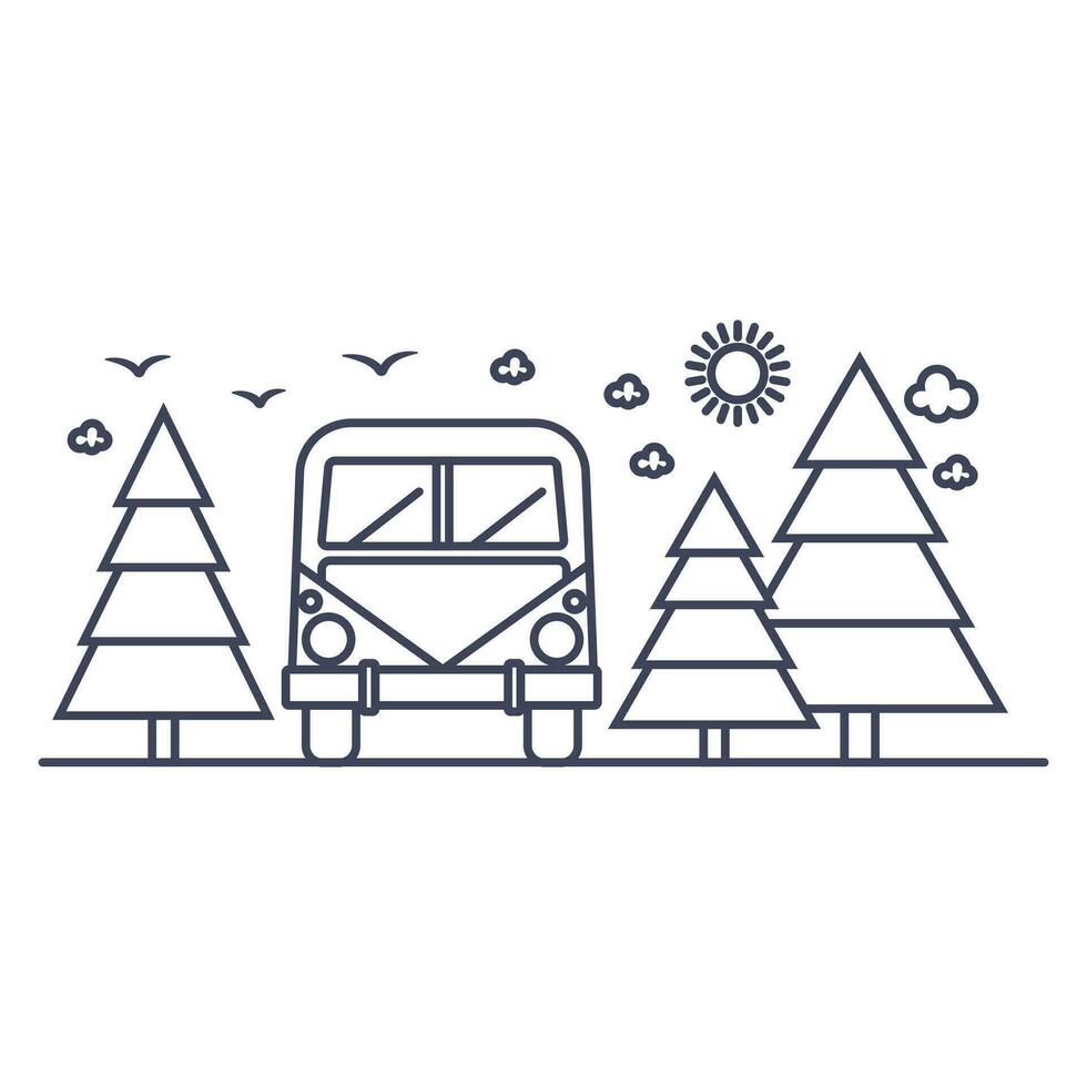 auto reis door de Kerstmis boom Woud. geïsoleerd illustratie Aan wit. recreatie in natuur, toerisme vector