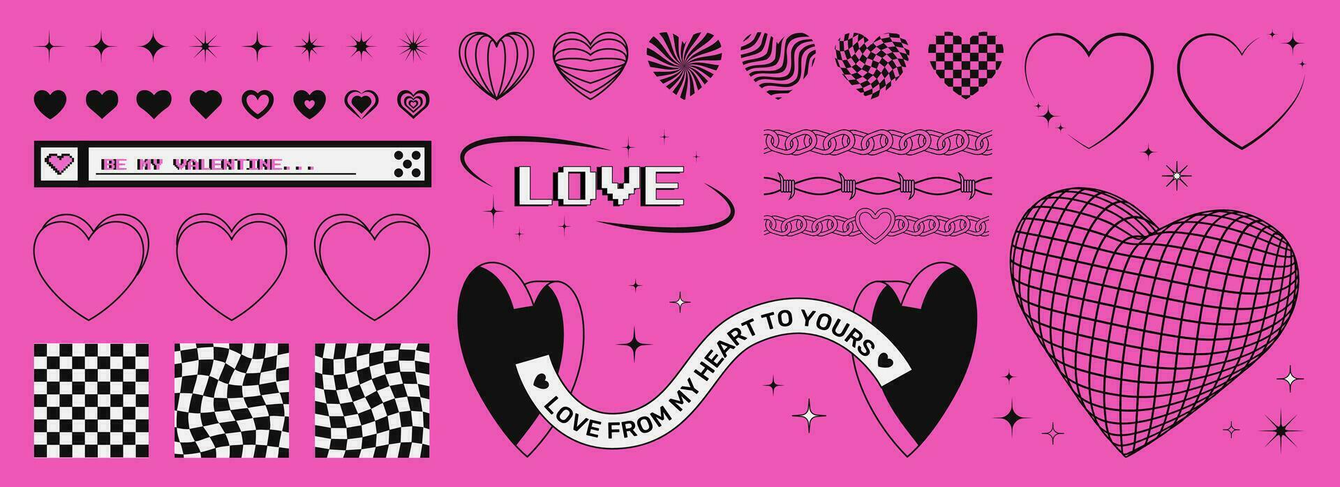 reeks van modieus Valentijnsdag dag y2k grafisch vormen Aan een roze zuur achtergrond, harten en sterren symbolen, lijsten, schaakborden, 3d hart en poorten. vector kunst.