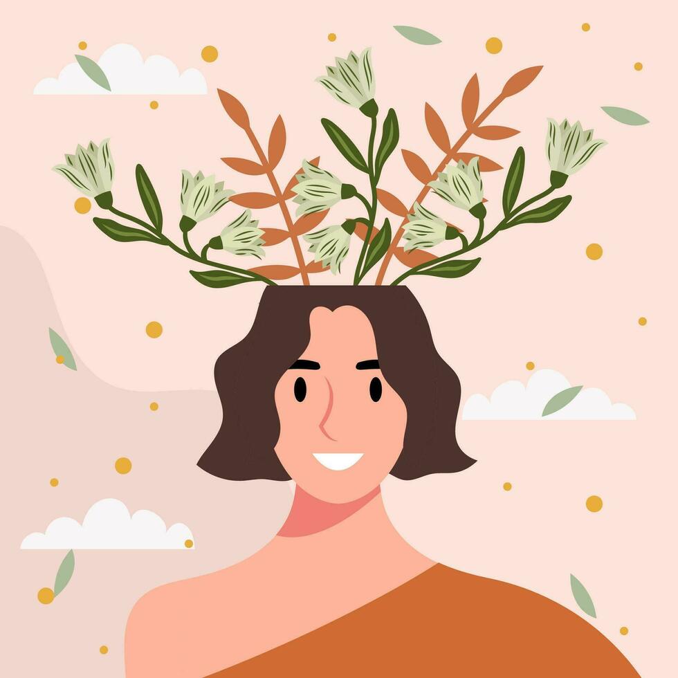 vlak ontwerp vector illustratie concept van vrouw met bloemen in haar hoofd.