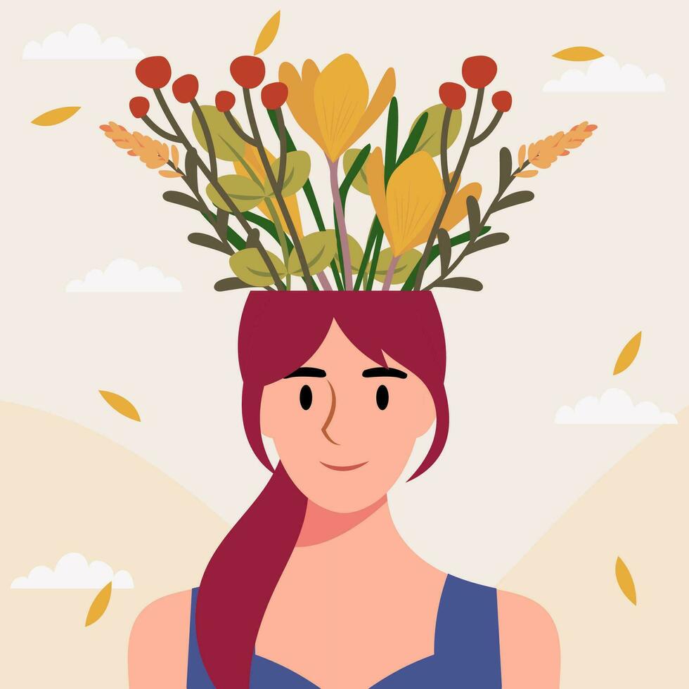 vlak ontwerp vector illustratie concept van vrouw met bloemen in haar hoofd.