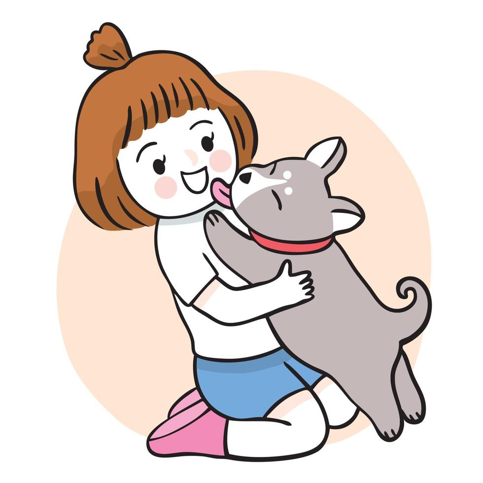 hand tekenen cartoon schattig meisje knuffel hond vector. vector