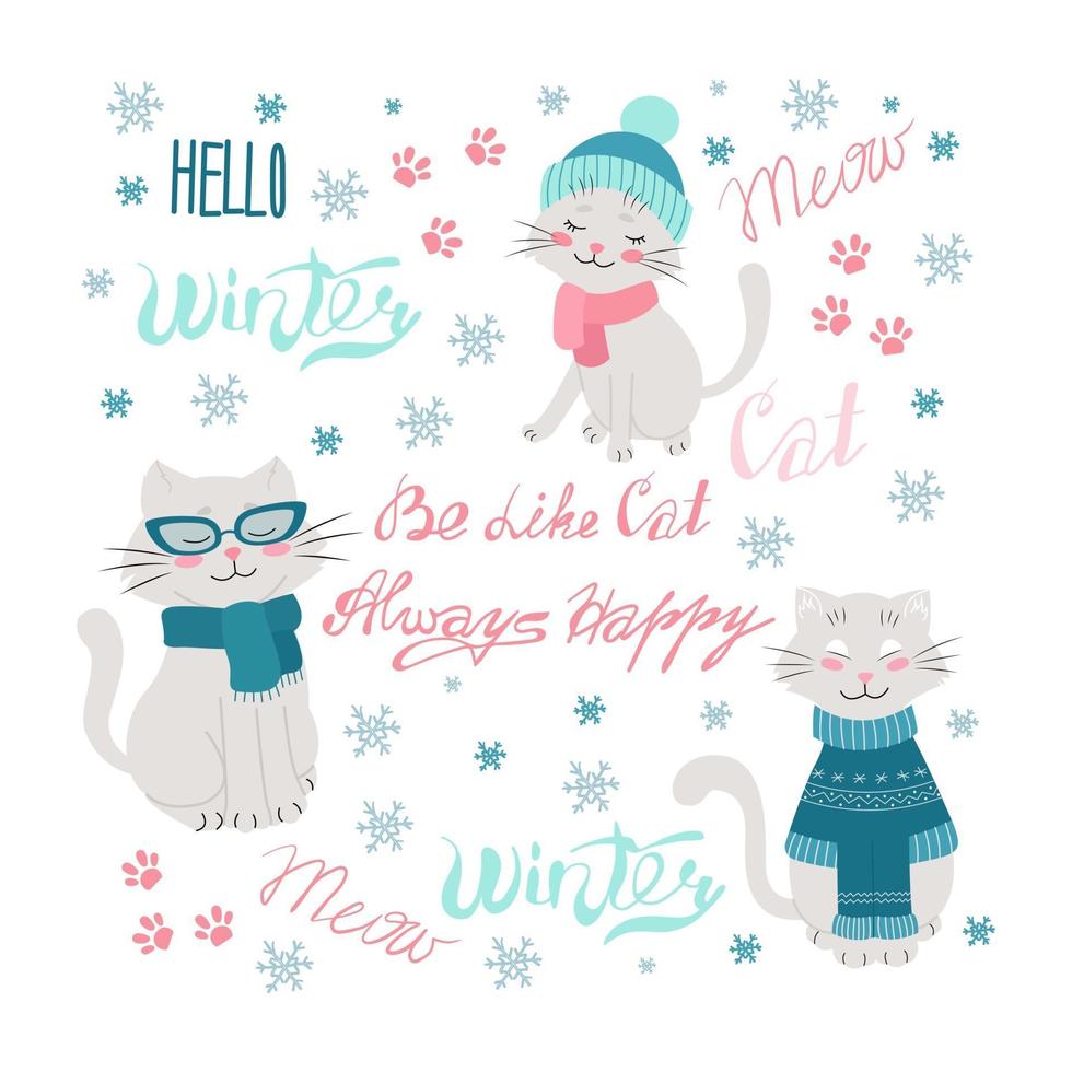 vrolijke katten in winterkleren set, handgeschreven vectorillustratie vector