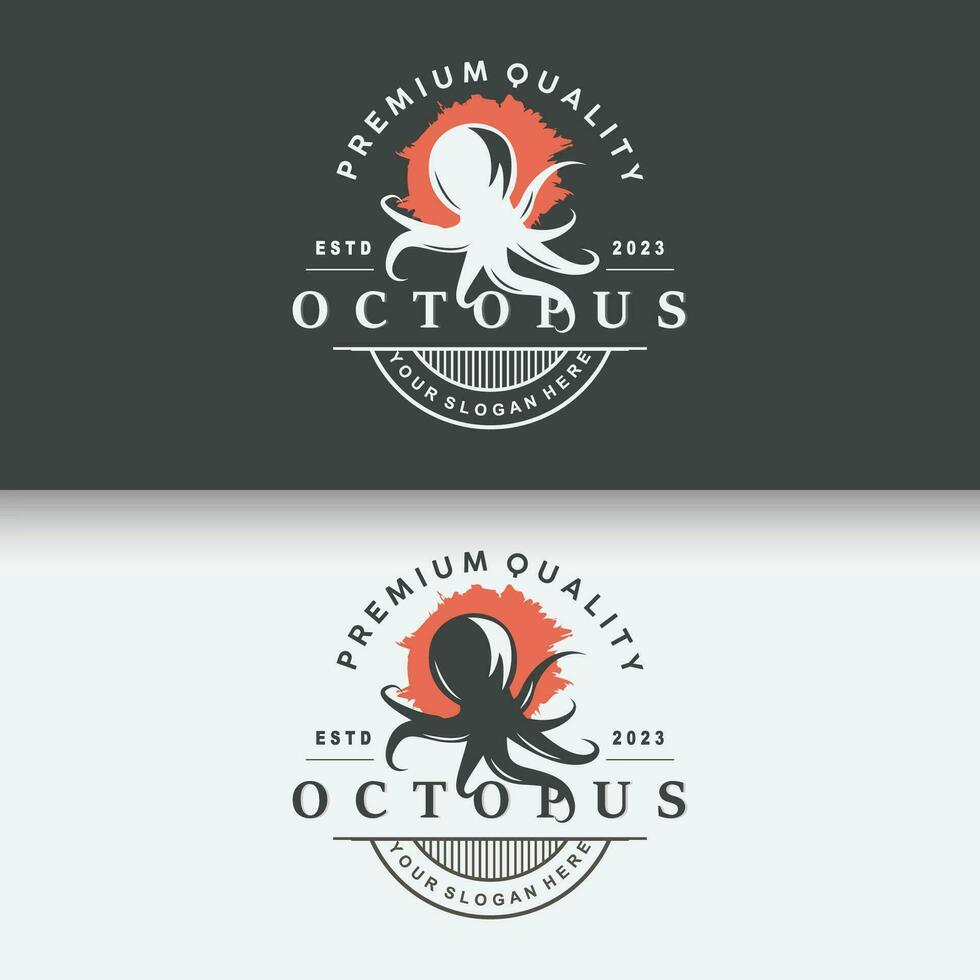 Octopus logo, oud retro wijnoogst ontwerp oceaan dier vector voelhoorn illustratie sjabloon