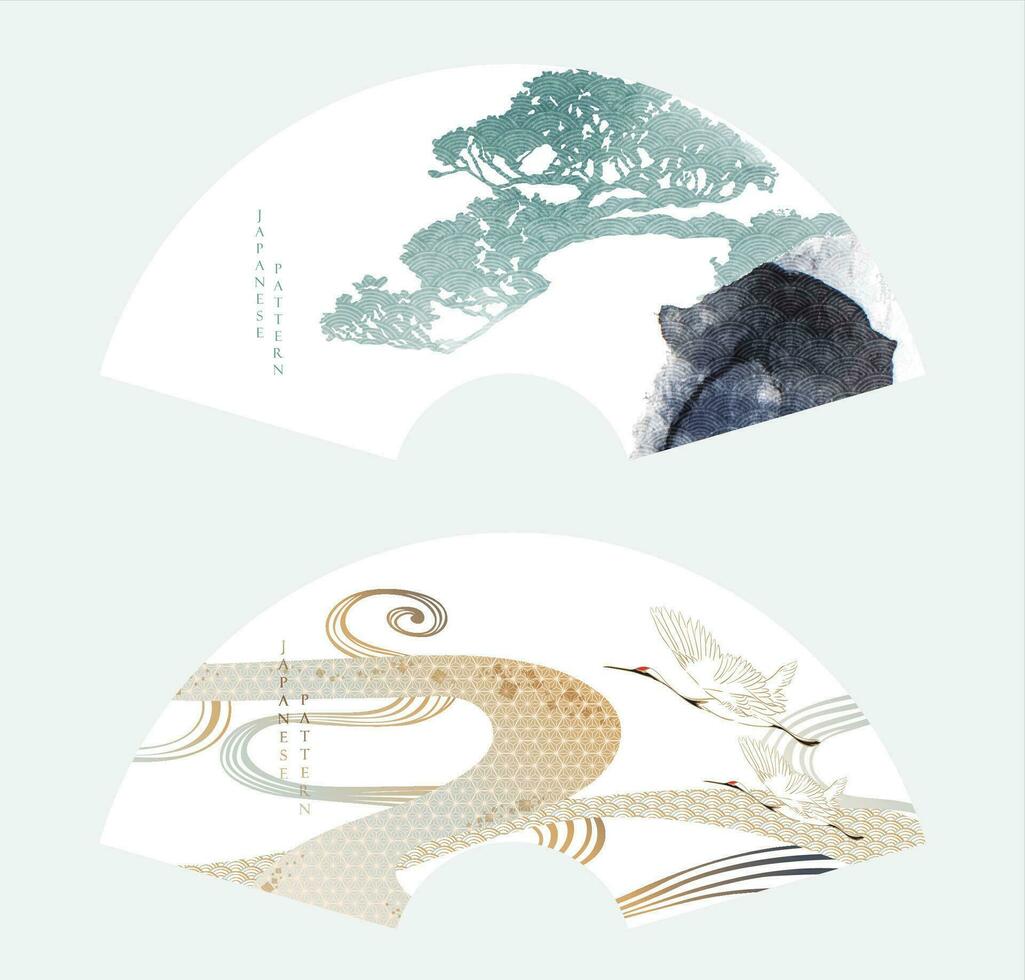 abstract landschap met Japans Golf patroon vector. natuur kunst achtergrond met kraan vogelstand ventilator sjabloon in wijnoogst stijl. Aziatisch traditioneel icoon en hand- getrokken lijn. waterverf textuur. vector