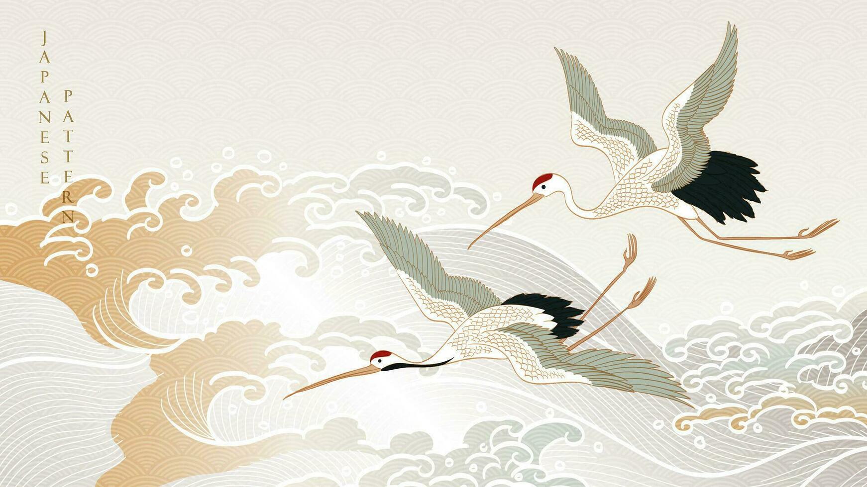 kunst landschap achtergrond met goud structuur vector. Japans hand- getrokken Golf patroon met kraan vogelstand en oceaan zee banier in wijnoogst stijl. vector
