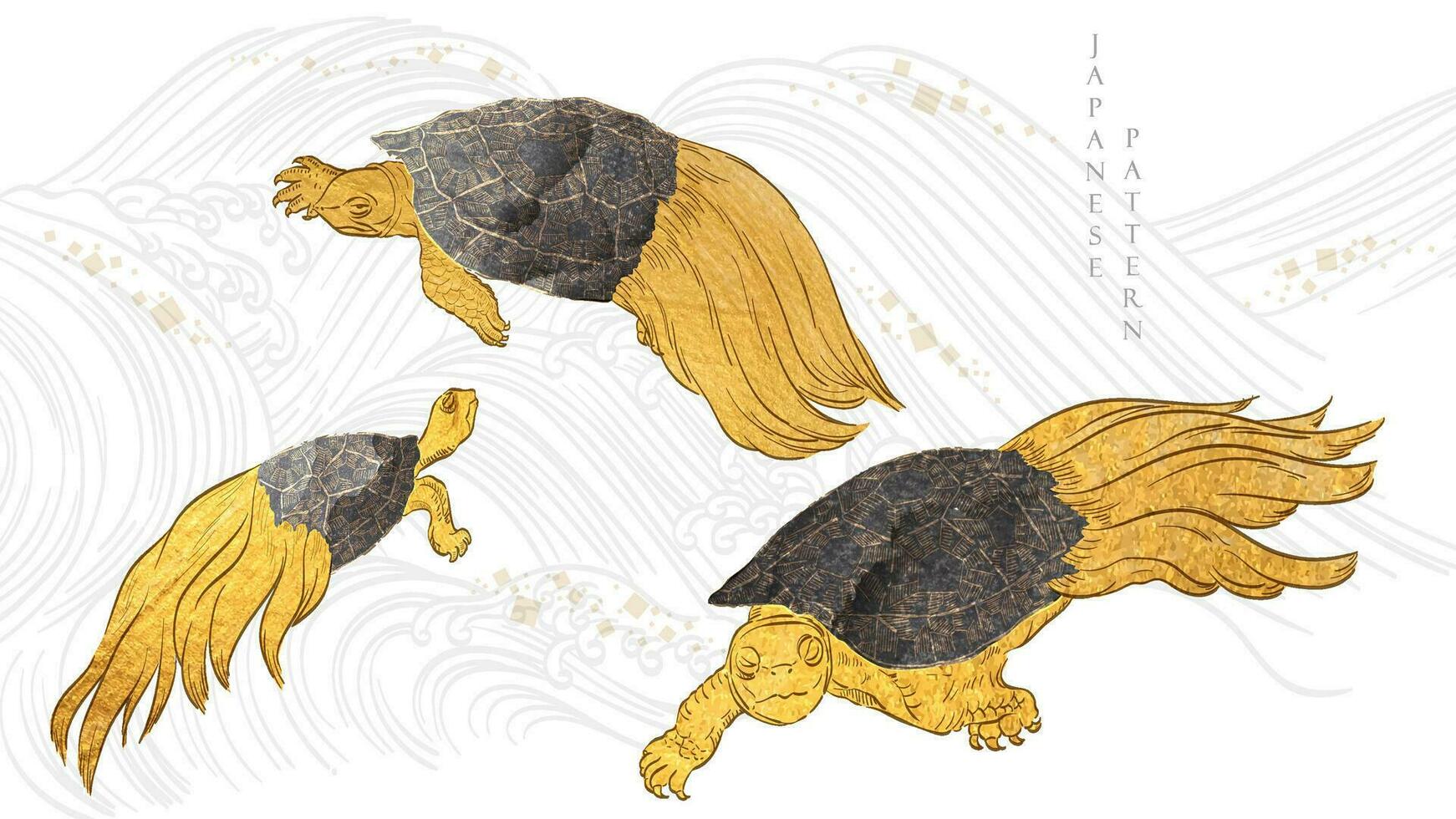 levensduur symbool Aan icoon met goud en zwart structuur vector. hand- getrokken lijn dier met Chinese mythe illustratie in wijnoogst stijl. zee schildpad in Japans Lucky charme. vector