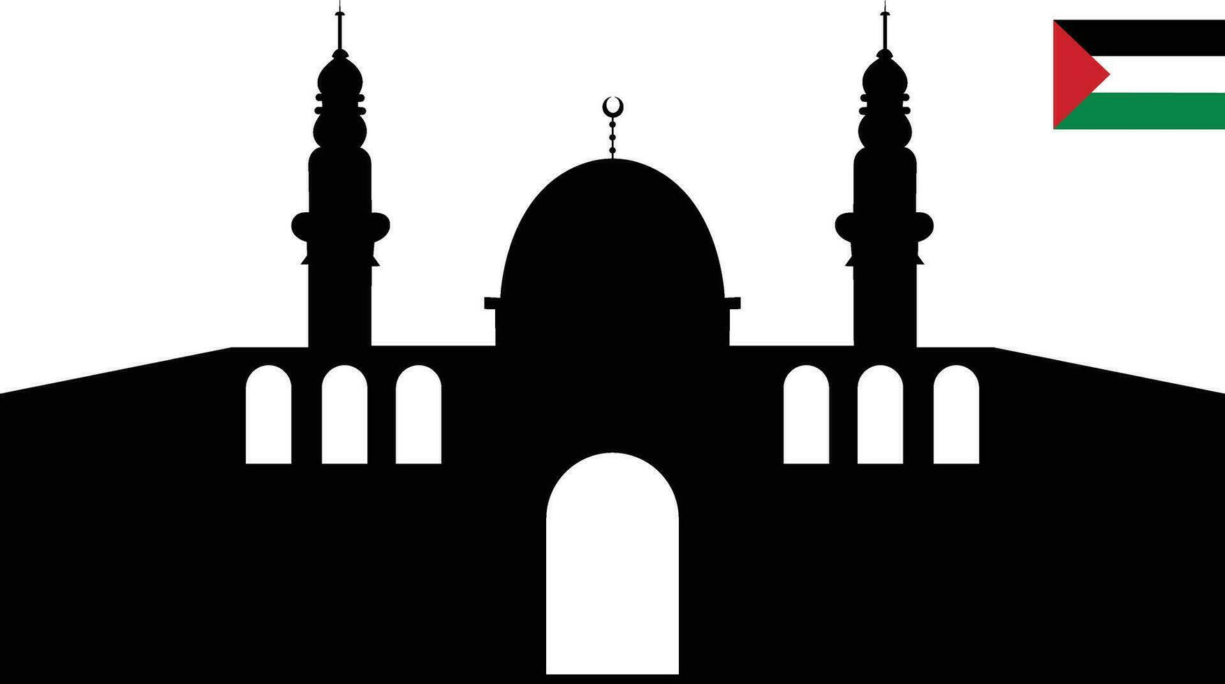 Palestina al aqsa moskee met vlag, verbinding in de stad van Jeruzalem of al quds in Arabisch symbool silhouet ontwerp. masjid al-aqsa voor logo, vlak zwart icoon, groet kaart banier vector. vector