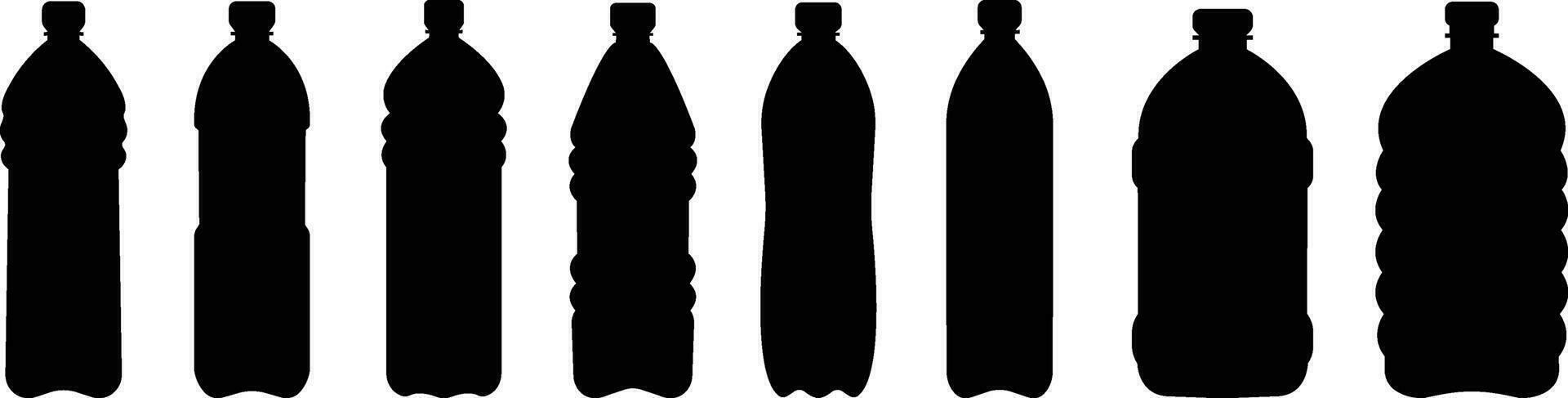 plastic fles zwart icoon set. vector vlak stijl teken houder water fles voor sport. natuurlijk en gezond levensstijl concept water gebotteld houder vloeistof