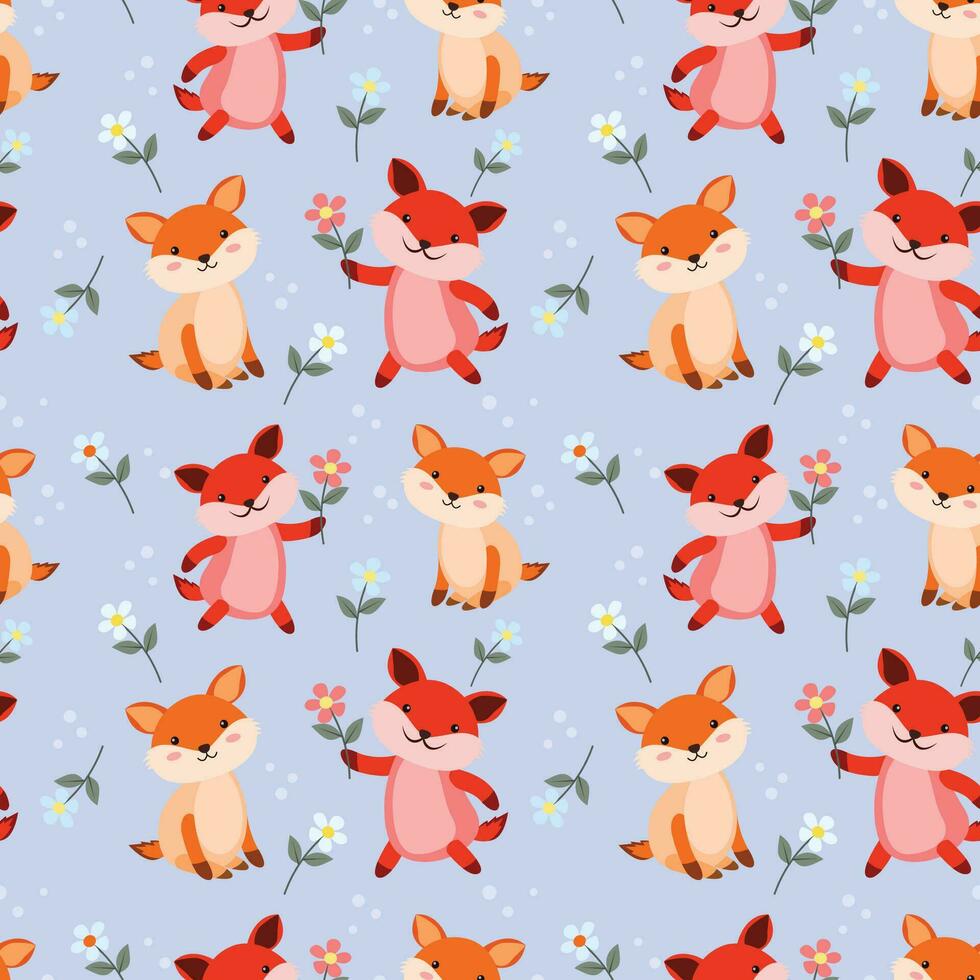 schattig paar vos met bloemen naadloos patroon. vector