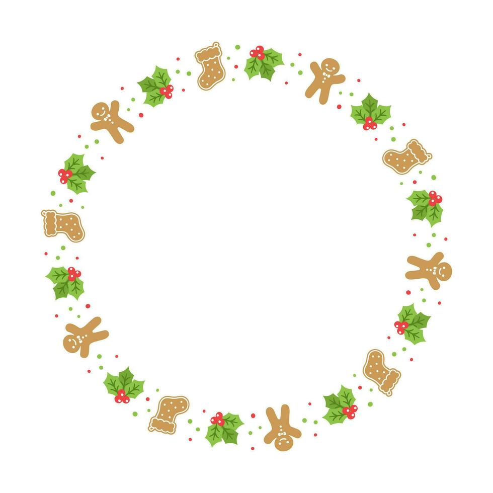 ronde peperkoek koekjes kader grens, Kerstmis winter vakantie grafiek. eigengemaakt snoepgoed patroon, kaart en sociaal media post sjabloon Aan wit achtergrond. geïsoleerd vector illustratie.