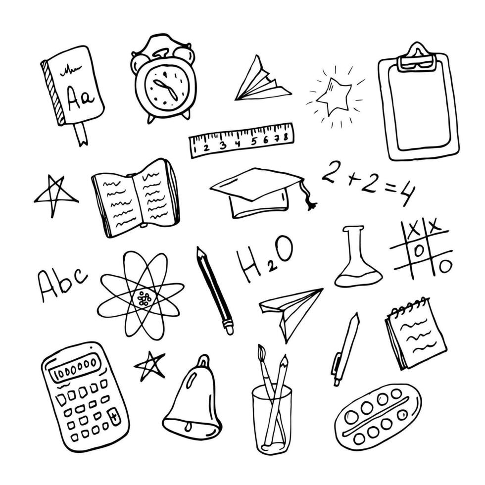 hand- getrokken vector lijn tekening school- items set. terug naar school. vector illustratie. terug naar school-