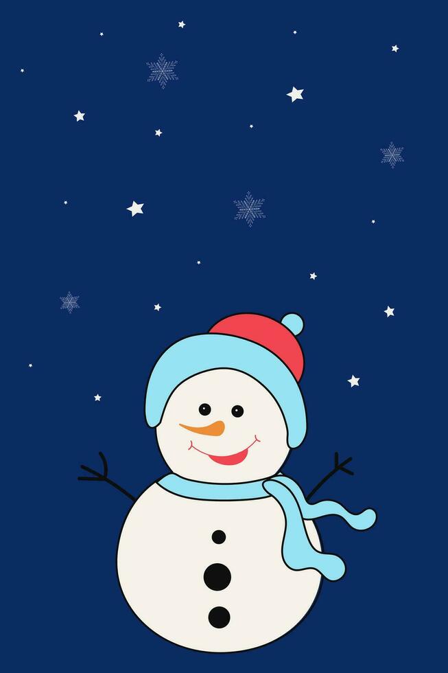 schattig grappig sneeuwman Aan een donker achtergrond met wit sneeuwvlokken. ansichtkaart, banier, illustratie. vector