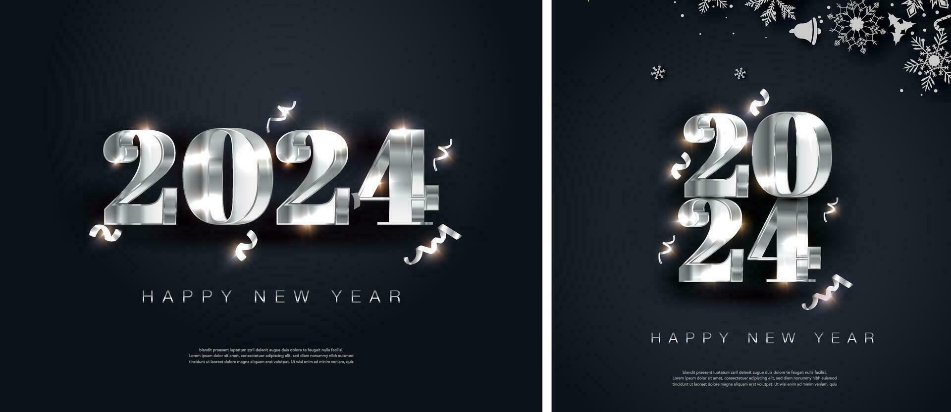 zilver metalen modern gelukkig nieuw jaar 2024 nummer3d ,verticaal en horizontaal oriëntering ontwerp vector