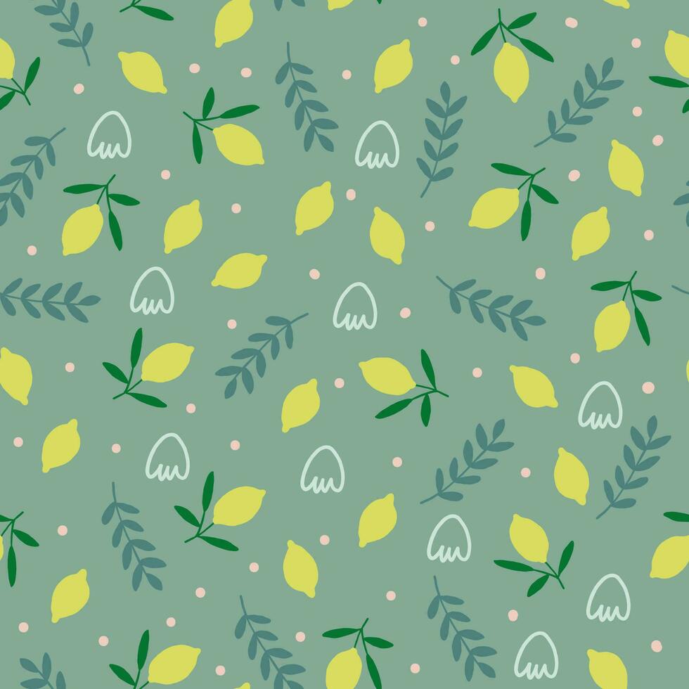 vector naadloos patroon met citroenen, bladeren, doodles Aan olijf- groen achtergrond. sappig fruit patroon.