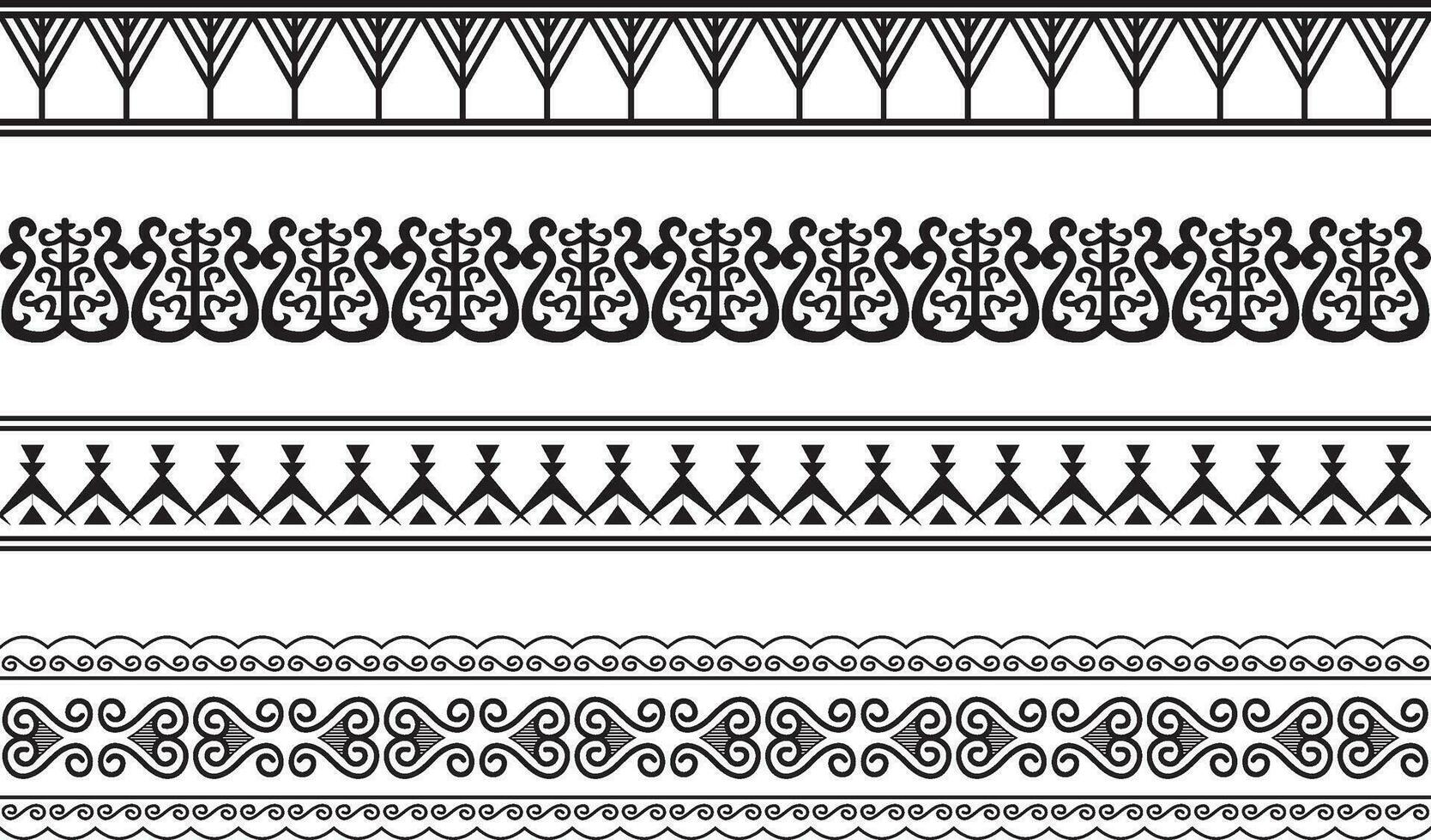 vector reeks van naadloos yakut nationaal ornamenten. monochroom eindeloos Aziatisch patronen, lijfjes en kozijnen. huis decoraties, tapijten en keramiek. tradities van noordelijk volkeren, mensen van de toendra