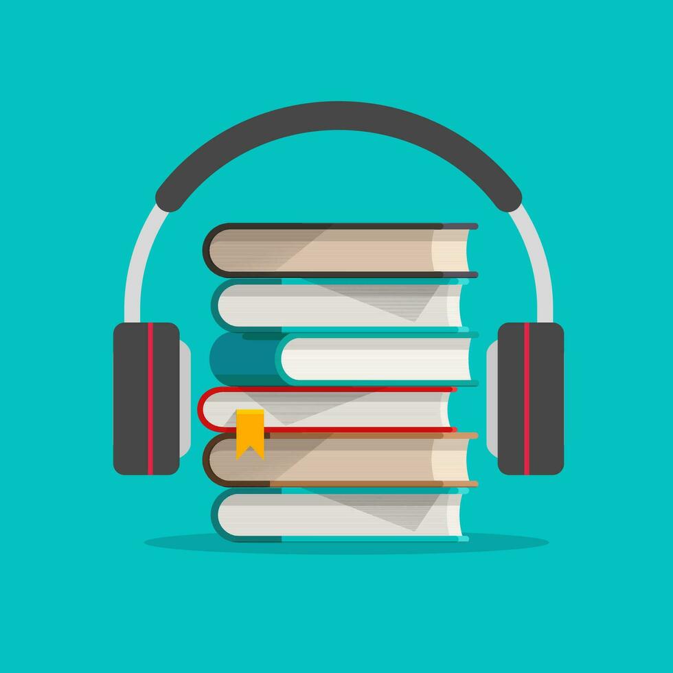 audio boeken met hoofdtelefoons concept vector illustratie, vlak tekenfilm koptelefoon met boeken stapel, idee van podcast of elektronisch aan het leren beeld