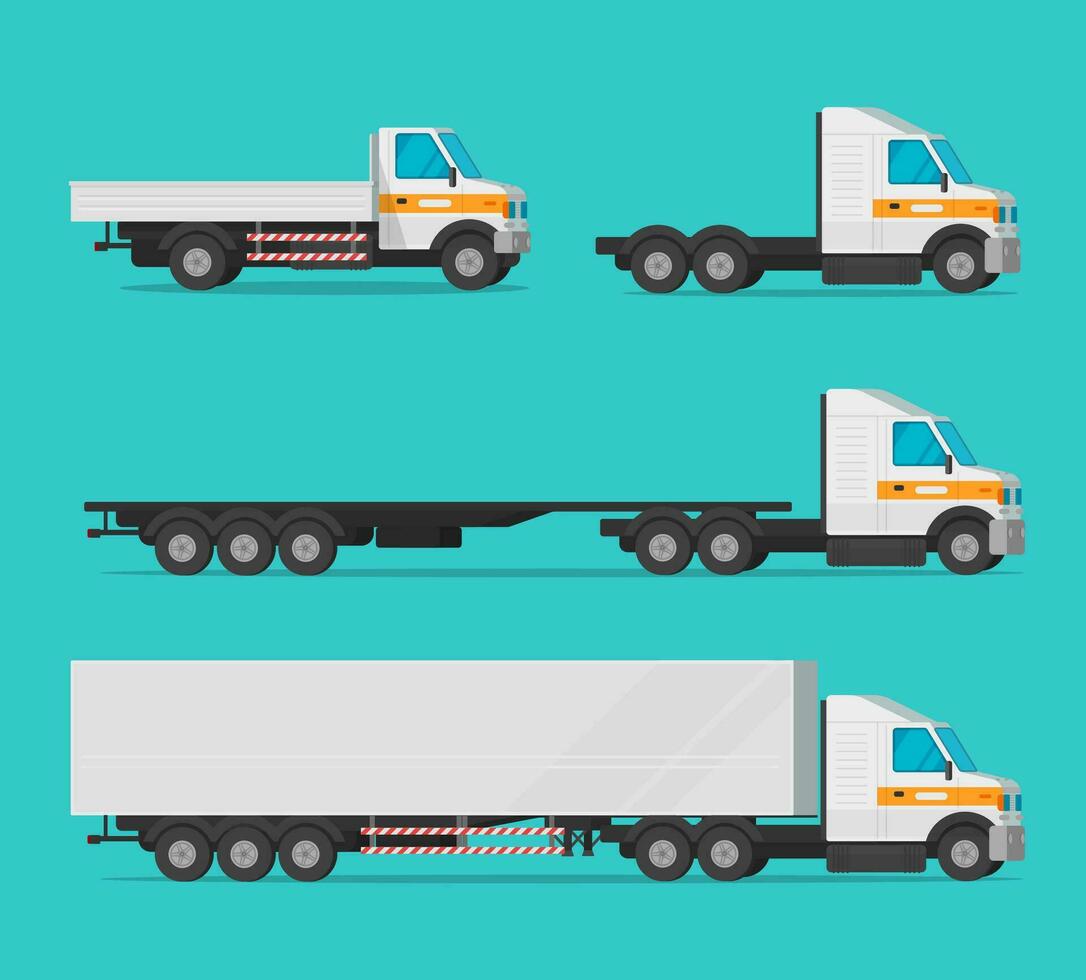 vrachtwagen of lading vrachtauto en levering auto's of voertuig vector set, vlak tekenfilm vracht industrie vervoer, groot koerier auto's en groot wagon bestelwagens voor Verzending geïsoleerd beeld