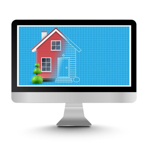 Realistisch huis met een blauwdruk op een computer, vector
