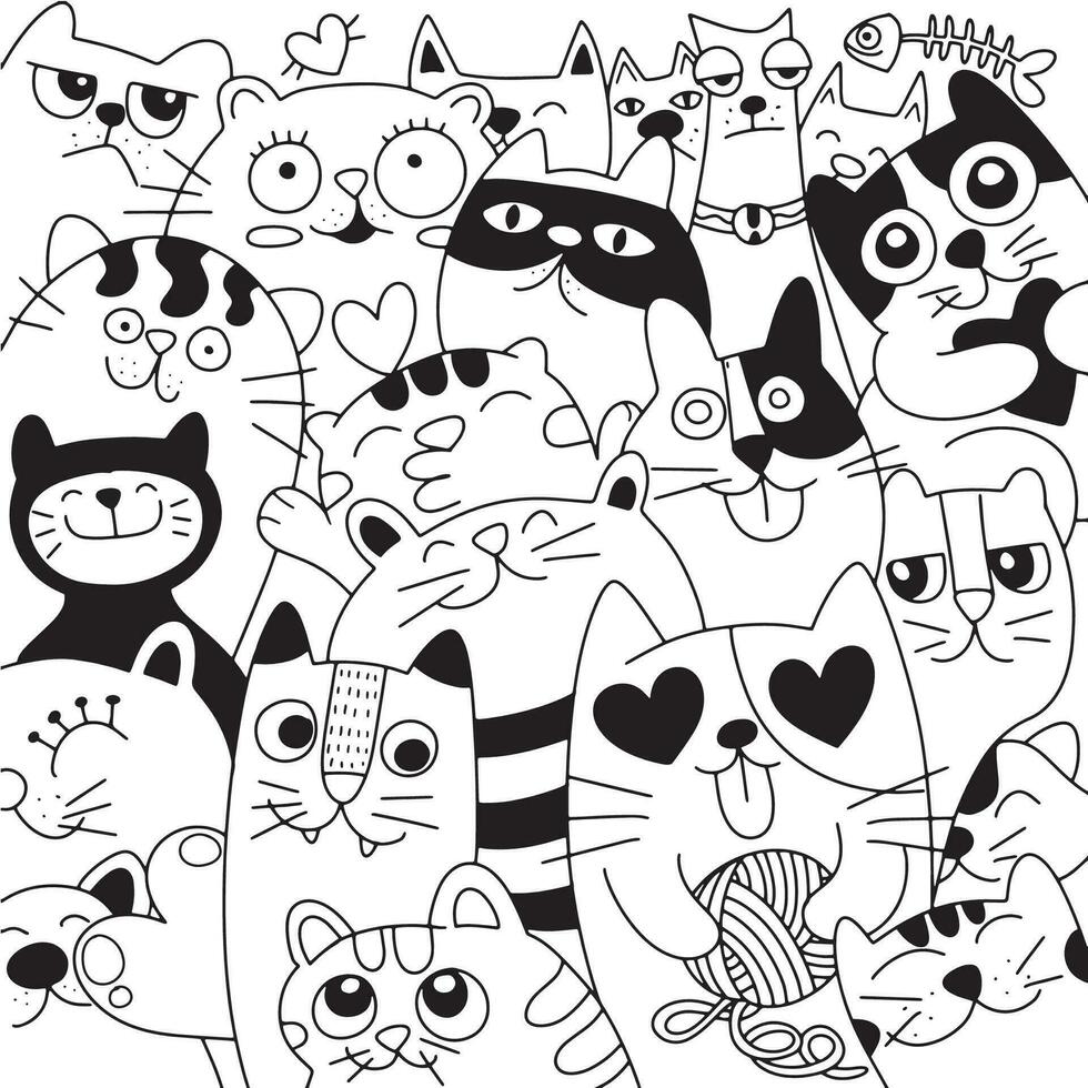 vector illustratie van tekening schattig katten achtergrond ,hand tekening tekening, zwart en wit , kleuren boek