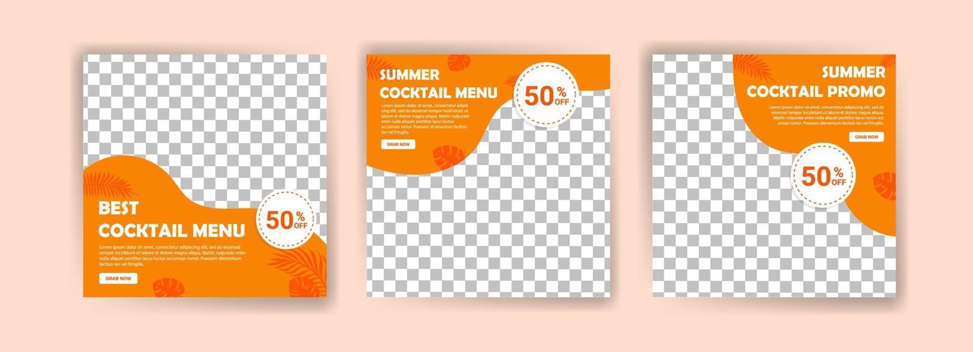 social media postsjabloon voor zomercocktailmenu. vector