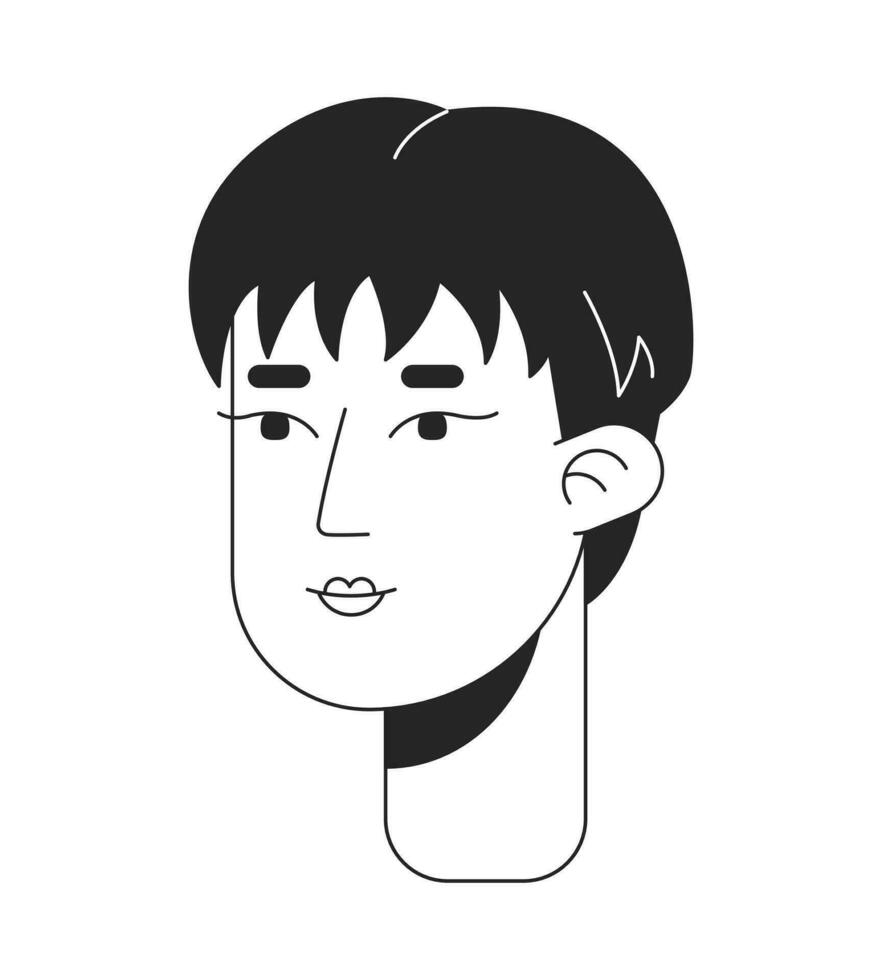 knap Koreaans vrouw pixie haar- zwart en wit 2d lijn tekenfilm karakter hoofd. pixie kapsel Japans vrouw geïsoleerd vector schets persoon gezicht. kort haren monochromatisch vlak plek illustratie