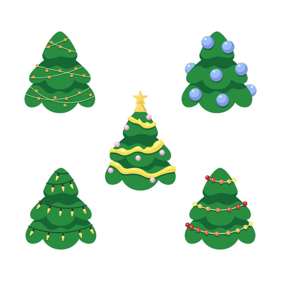 vrolijk Kerstmis bomen 2d tekenfilm voorwerpen set. gelukkig nieuw jaar verlichte sparren geïsoleerd vector items wit achtergrond. kerstboom versierd strings van lichten kleur vlak plek illustraties verzameling