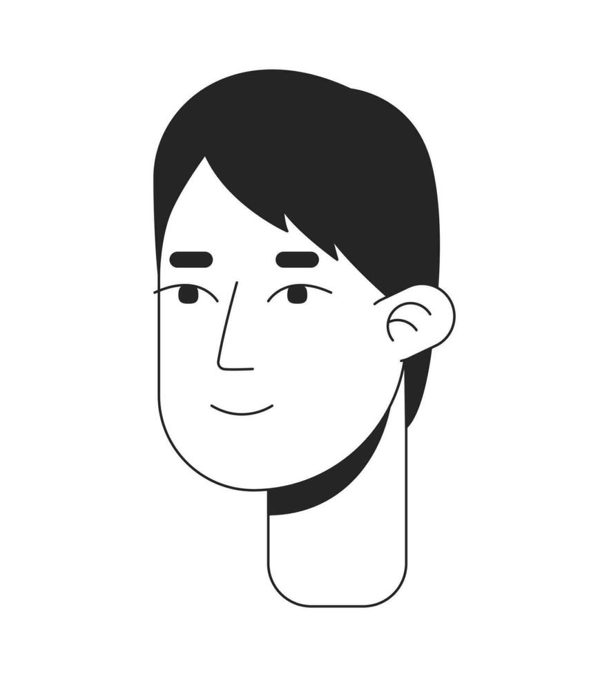 glimlachen Koreaans mannetje met naar de zijkant geduwde pony zwart en wit 2d lijn tekenfilm karakter hoofd. bescheiden Japans vent geïsoleerd vector schets persoon gezicht. college leerling monochromatisch vlak plek illustratie