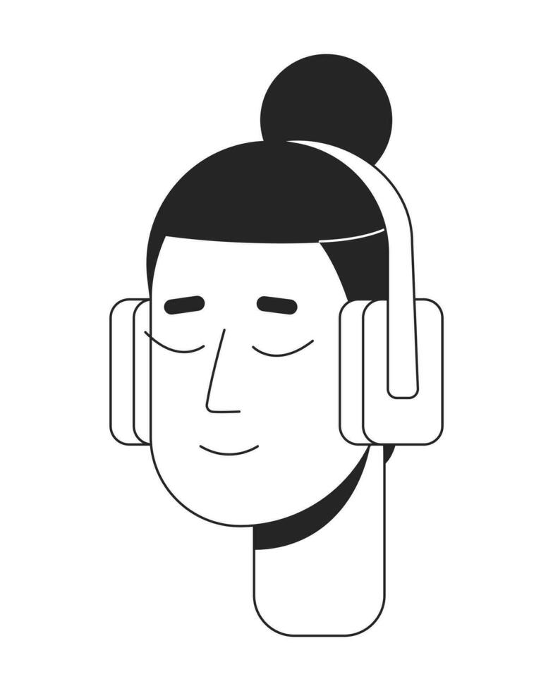ontspannen hoofdtelefoons Mens met samurai kapsel zwart en wit 2d lijn tekenfilm karakter hoofd. oortelefoons ontspannende Koreaans mannetje geïsoleerd vector schets persoon gezicht. monochromatisch vlak plek illustratie