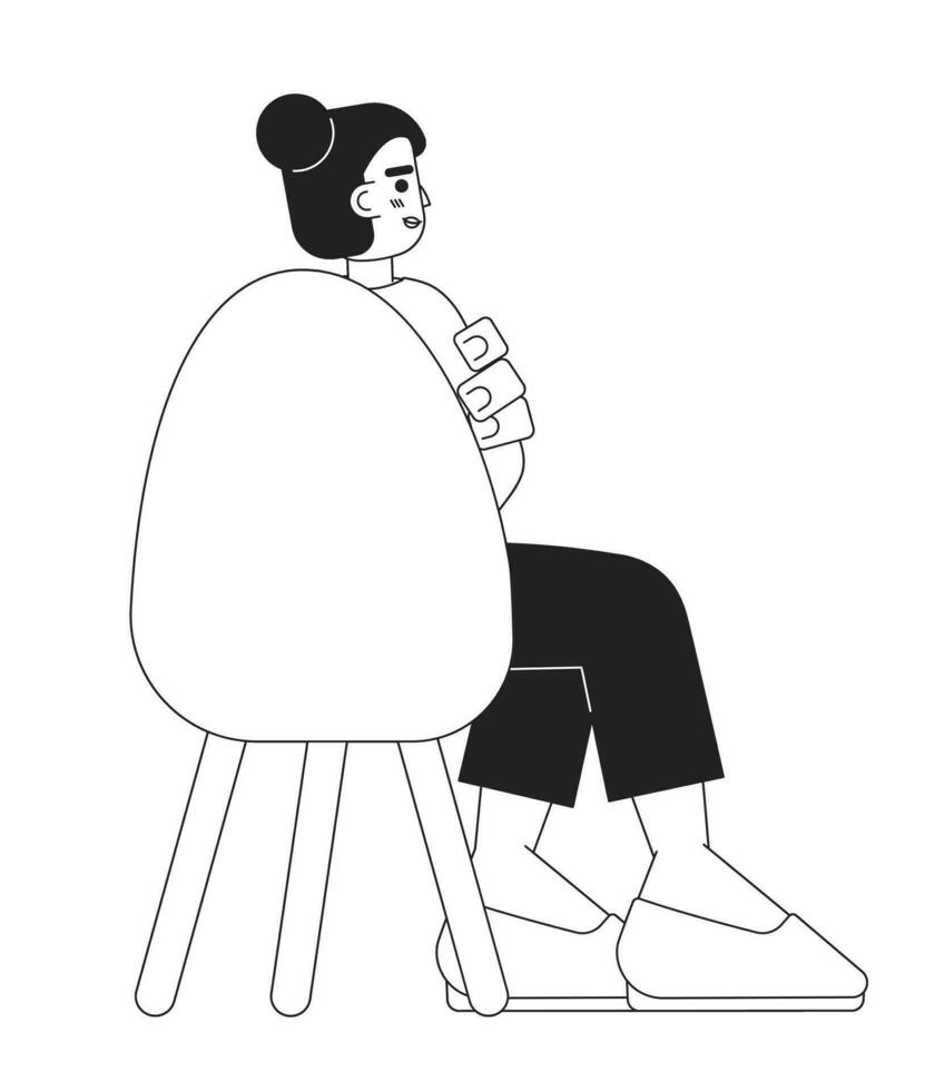 zuiden Aziatisch volwassen vrouw zittend in stoel terug visie zwart en wit 2d tekenfilm karakter. midden- oostelijk meisje geïsoleerd vector schets persoon. verloofd arbeider. monochromatisch vlak plek illustratie