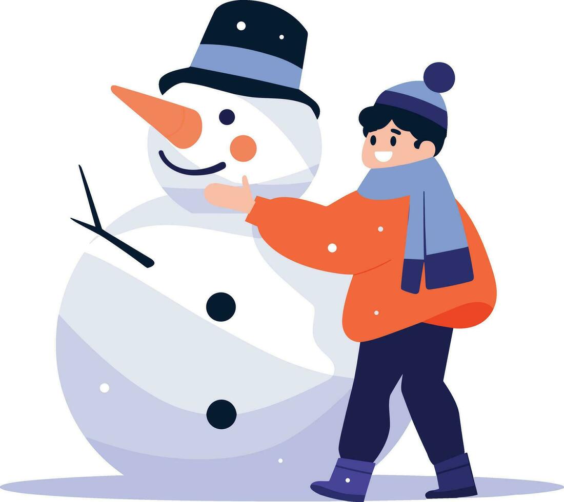 hand- getrokken kind karakter spelen met sneeuwman in winter in vlak stijl vector