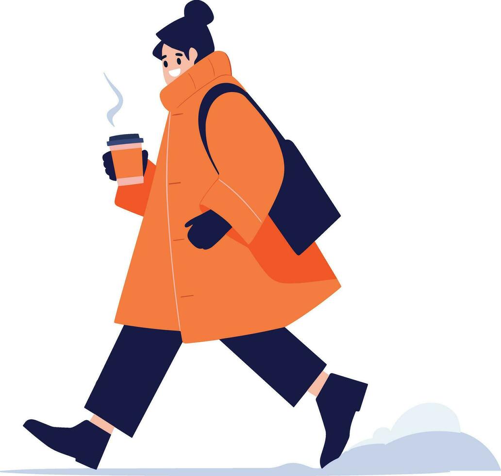 hand- getrokken een Mens vervelend winter kleding wandelingen Aan een pad gevulde met sneeuw in vlak stijl vector