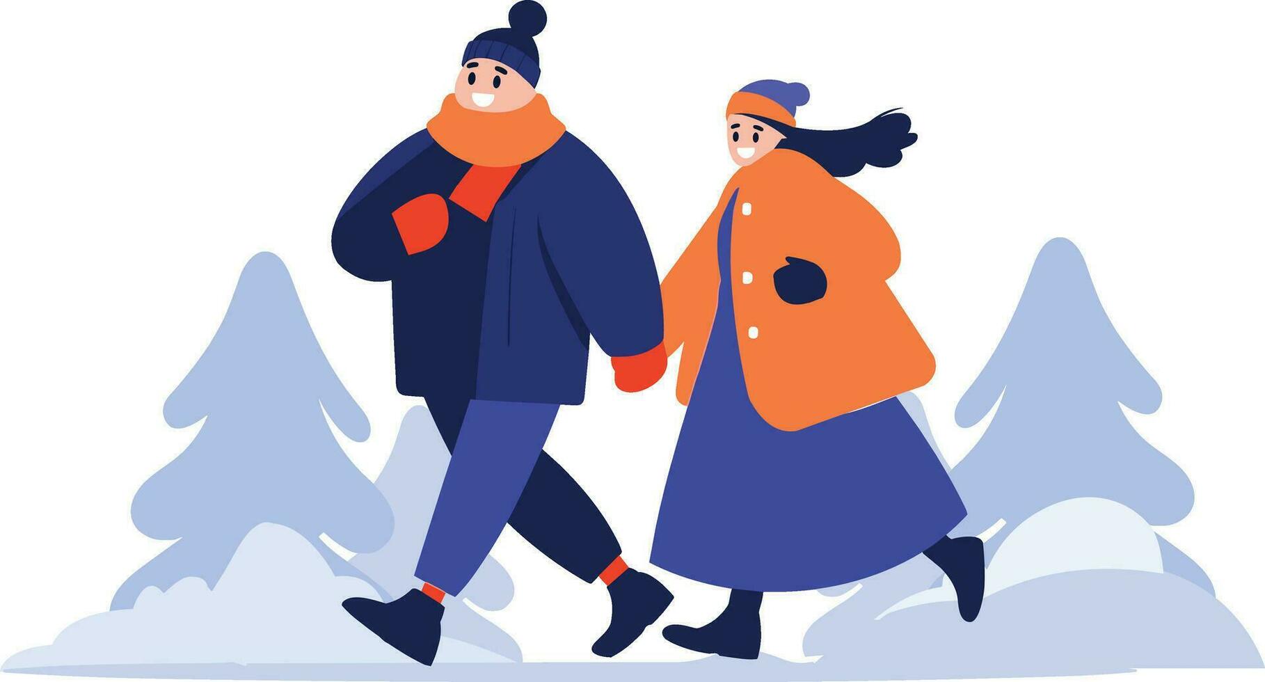 hand- getrokken paar vervelend winter kleding wandelingen Aan een pad gevulde met sneeuw in vlak stijl vector