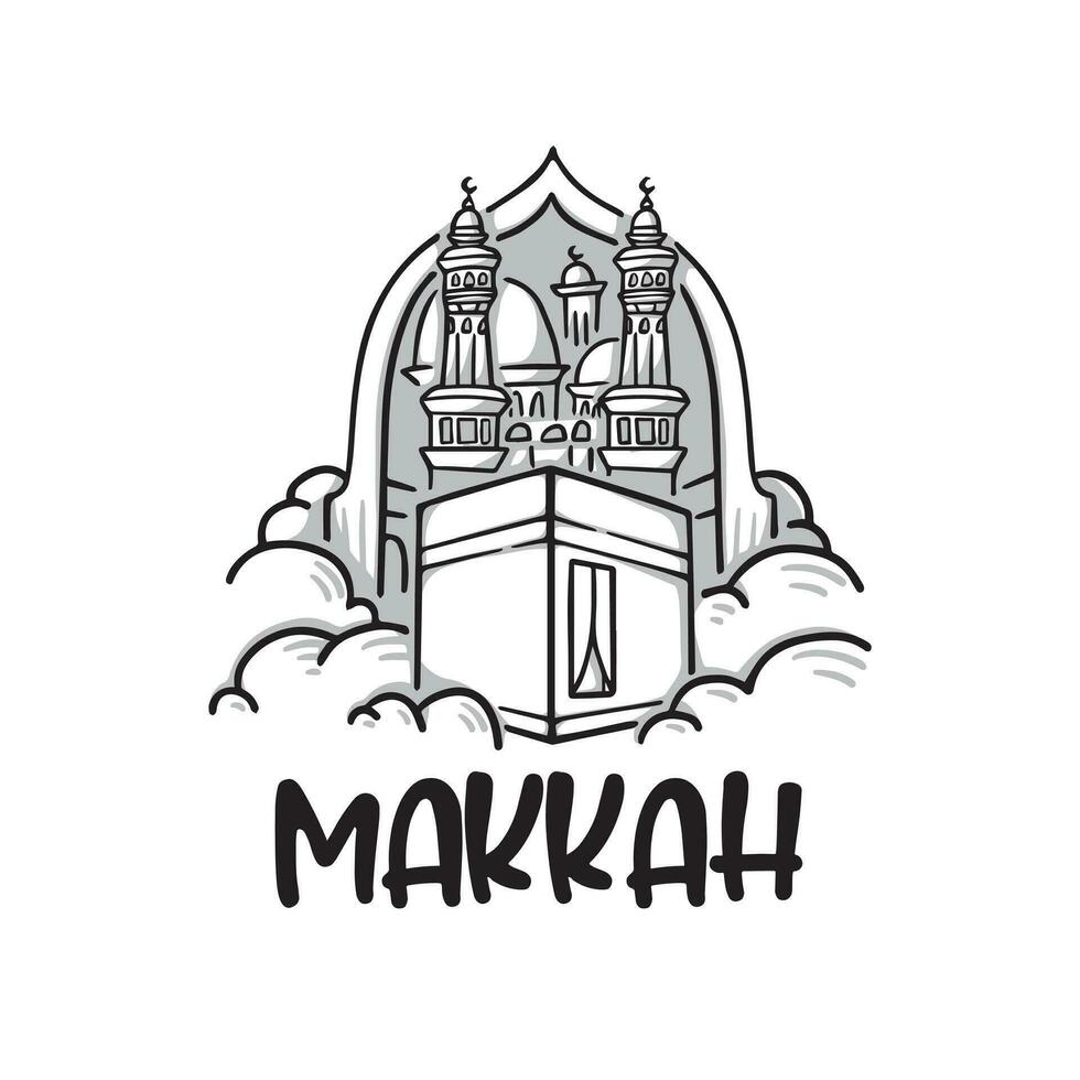 ka'aba, makkah en minaretten in Madinah ontwerp. illustratie voor hadj en eid adha mubarak, isra en miraj vector